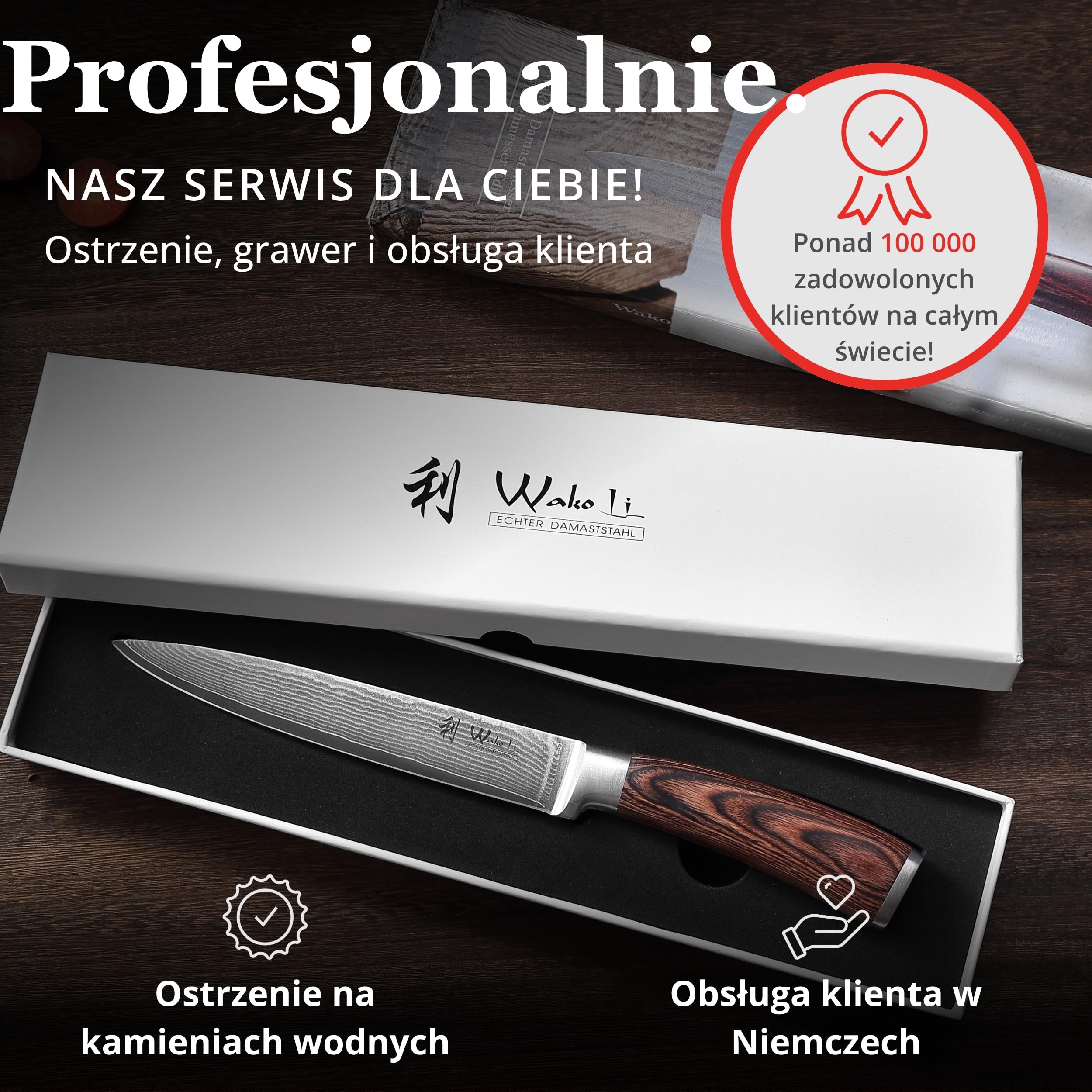 Wakoli EDIB nóż do mięsa i krojenia pieczeni ze stali damasceńskiej z rdzeniem VG10, ostrze 18 cm, ostry i precyzyjny, rękojeść z drewna Pakka, pudełko prezentowe, nóż kuchenny do porcjowania
