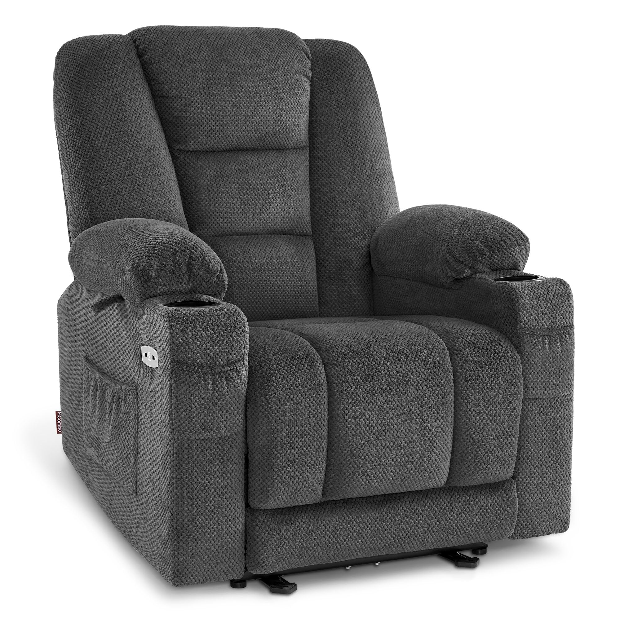 MCombo M Poltrona TV Regolabile elettricamente, poltrona reclinabile con funzione di reclinazione, poltrona TV con funzione Massaggio e Calore, USB e portabicchieri, Tessuto,7008 (grigio scuro)
