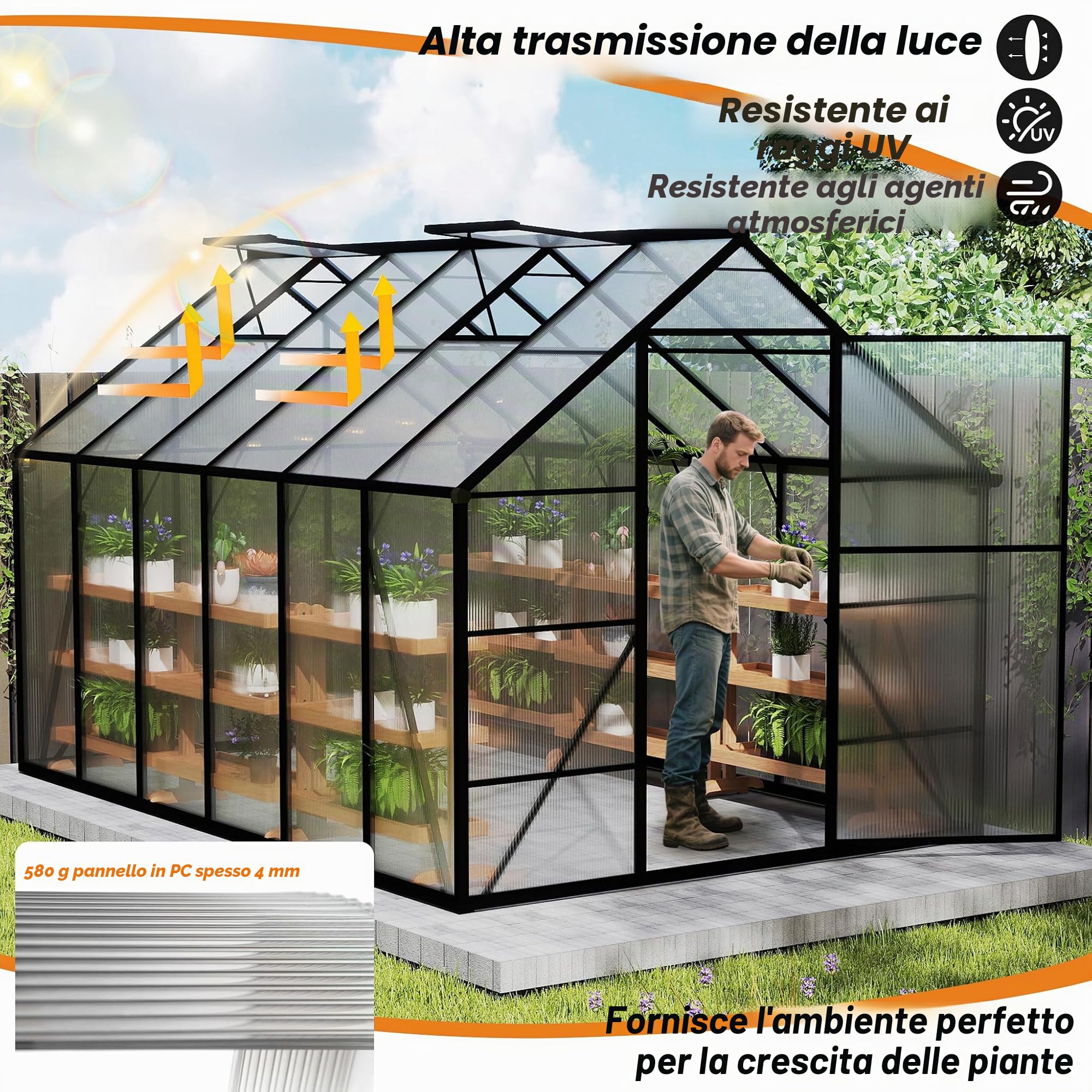 Froadp Serra da giardino in alluminio con fondazione, 310 x 250 x 205 cm, 4 mm, pannelli a camera cava PC, resistente alle intemperie, serra, con finestre, per giardino e allevamento
