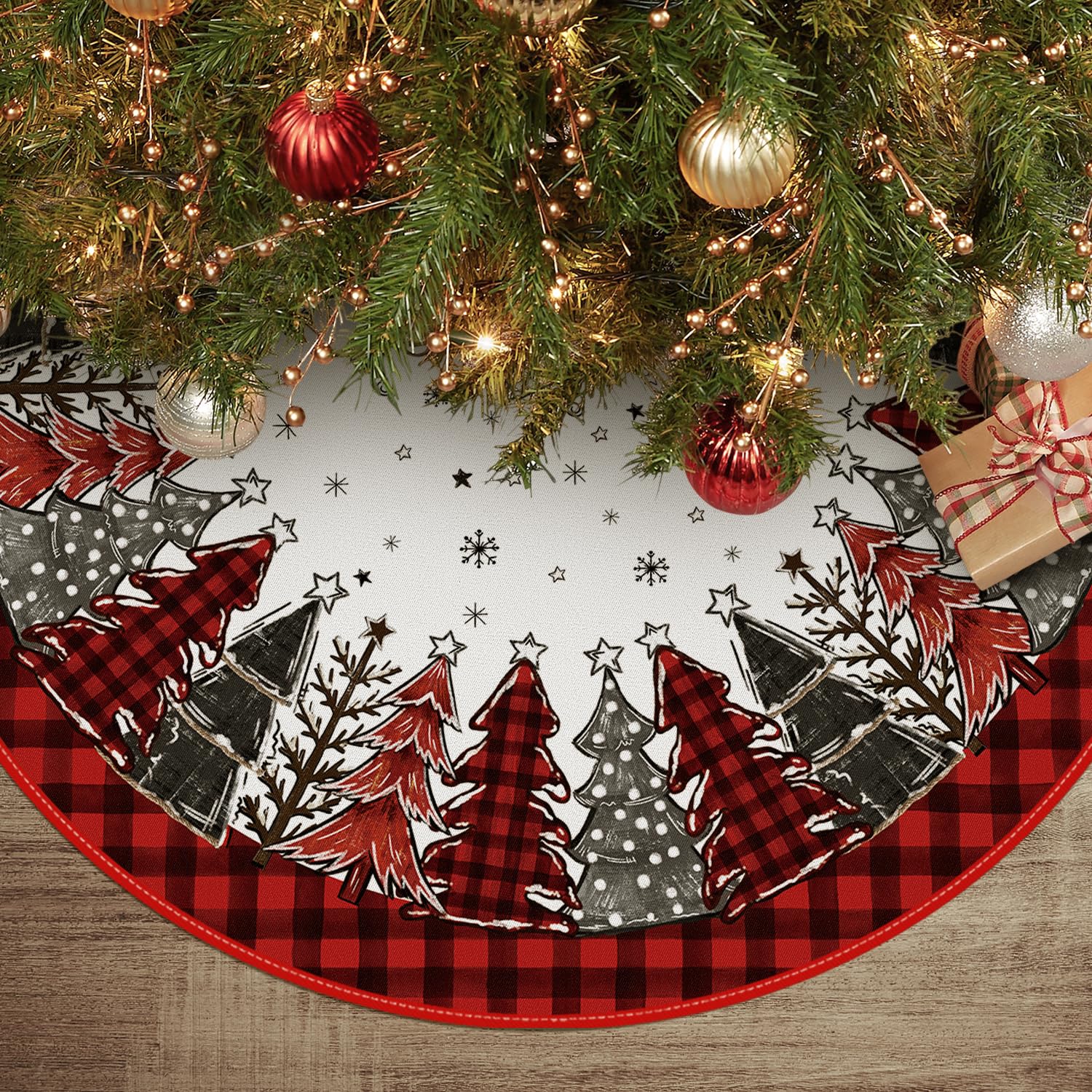 AVOIN colorlife Buffalo Plaid Christmas Tree Skirt 48 Inch, Winter Holiday Tree Mat Decoration