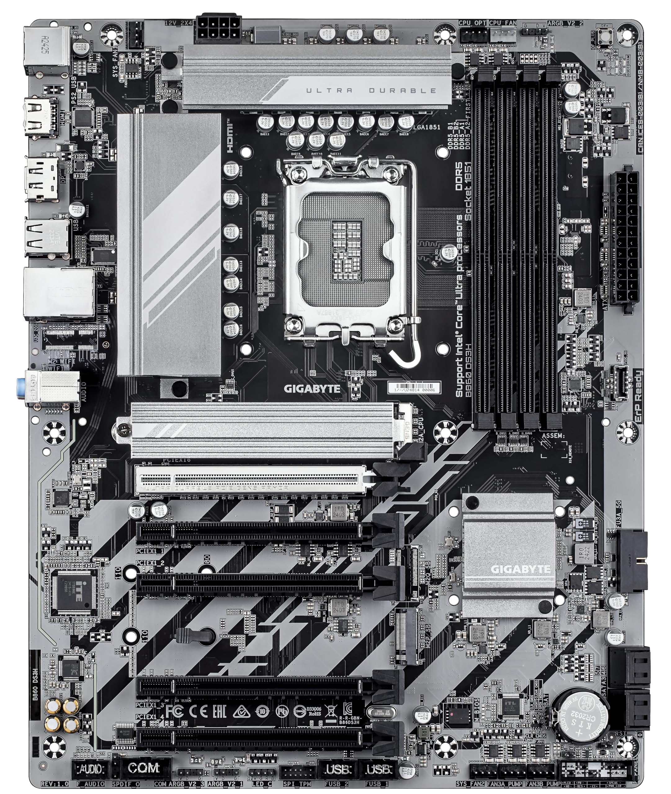GIGABYTE B860 DS3H Scheda madre - CPU Intel Core Ultra, VRM a 8+1+2+2 fasi, fino a 9066MHz DDR5, 1xPCIe 5.0 + 1xPCIe 4.0 M.2, LAN 2,5 GbE, USB 3.2 Gen 2x2