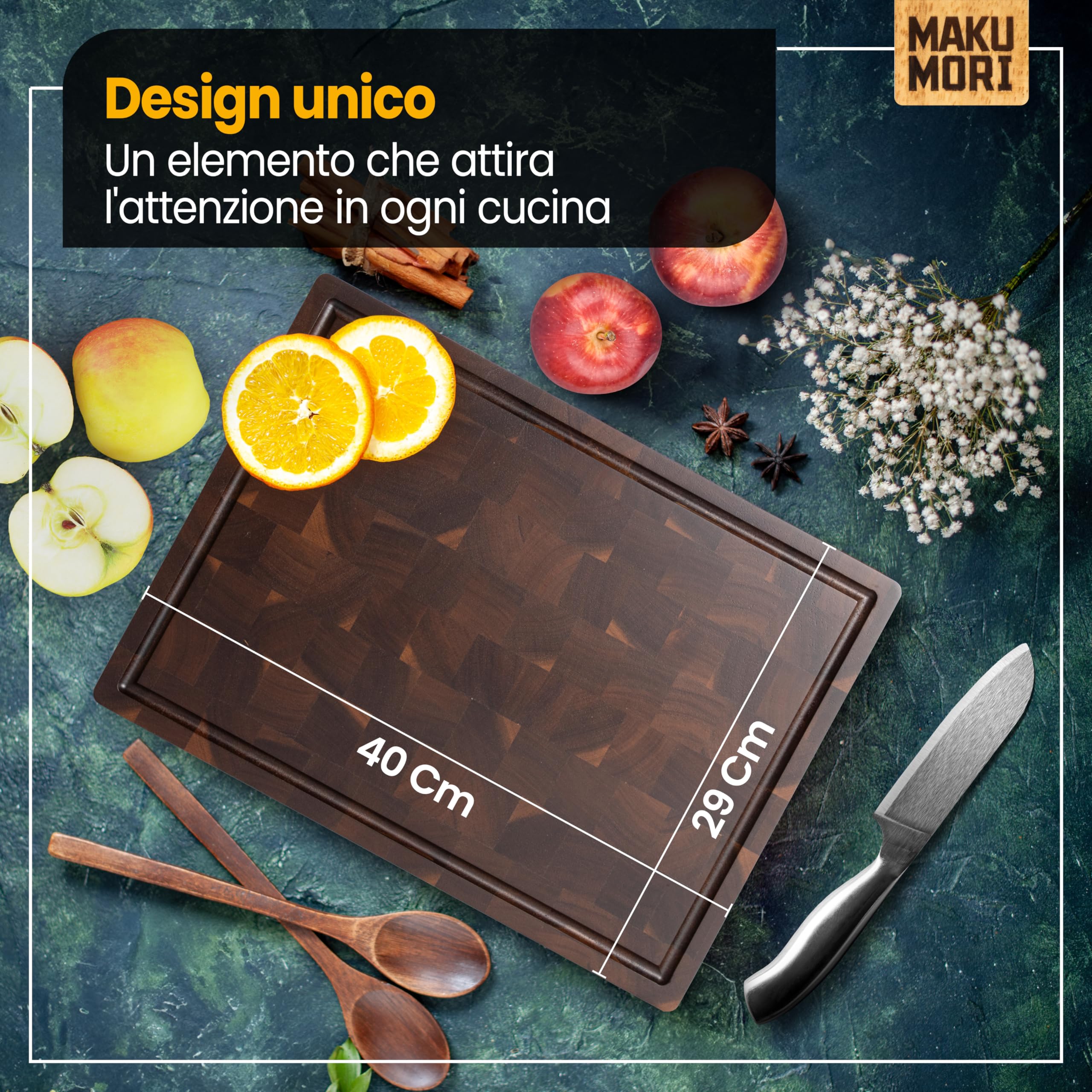 Premium Tagliere Legno di Testa 40x29x3cm Acacia Scuro | Tagliere da cucina in acacia carbonizzata; FSC®; scanalatura per succhi; ampi manici; piedini in gomma antiscivolo