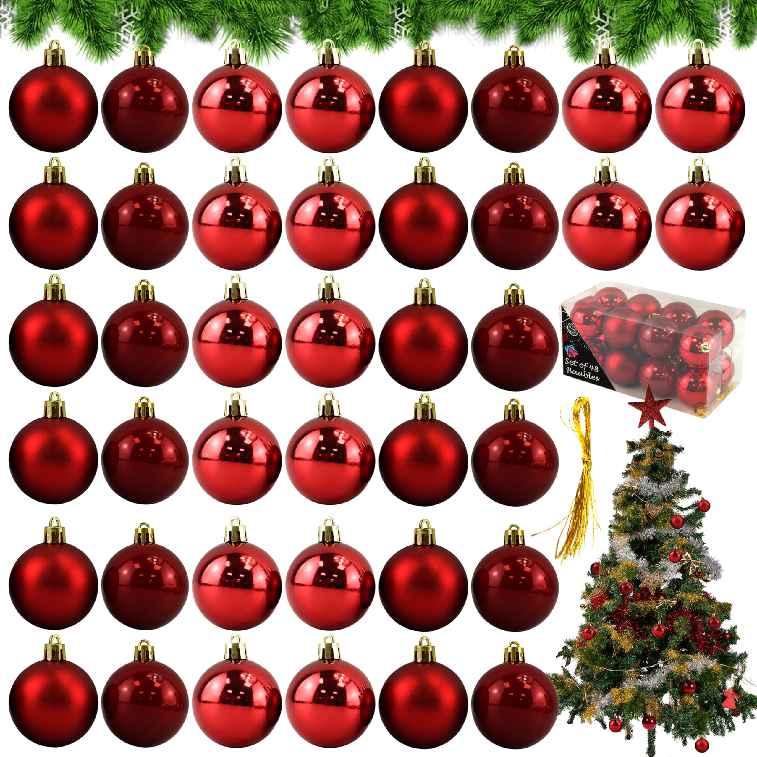 Srv Hub 48Pk - Red Baubles 48Pcs Red Christmas Tree Baubles 50Mm - Glossy, Shiny And Matte Design Large Shatterproof Hanging Ornaments Balls Christmas Tree Decorations