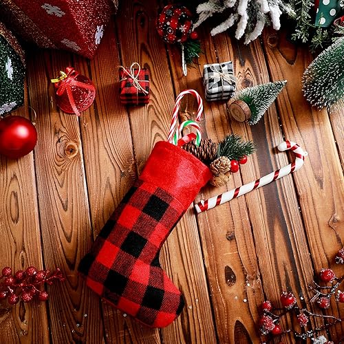 Miniatura 5 de Skylety Medias de Navidad a granel de 8.3 pulgadas, mini medias de Navidad de búfalo a cuadros, calcetines de felpa, decoraciones colgantes para