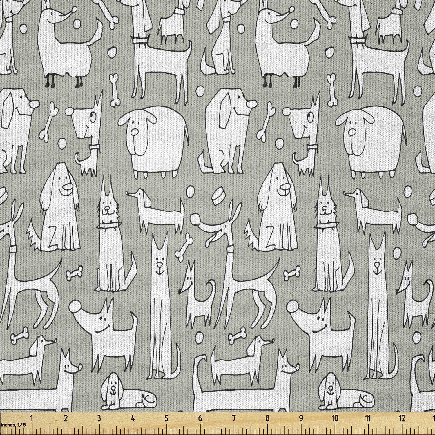 Lunarable Dog Bone Fabric by The Yard, Composition of Doodle Dog Print with Labrador Hound Pug Dachshund Breeds, Microfiber Fabric for Arts and Crafts Textiles &amp; Decor, 5 Yards, White Green