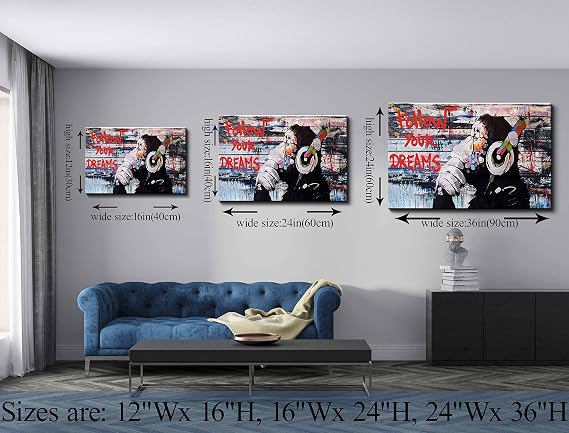Framed Banksy Graffiti Canvas Wall Art Follow Your Dreams Monkey Poster With Headphones Prints Street Painting Picture Man Cave Wall Decor Pop Art for Living Room Ready To Hang 12 Wx16 H (30x40cm)