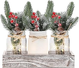 Christmas Mason Jar Centerpiece for Table with LED Lights & Artificial P...