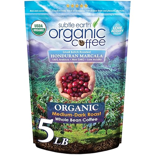5LB Subtle Earth Organic Coffee - Medium Dark Roast - Whole Bean Coffee - 100% Arabica Beans - Low Acidity and Non-GMO - 5lb bag