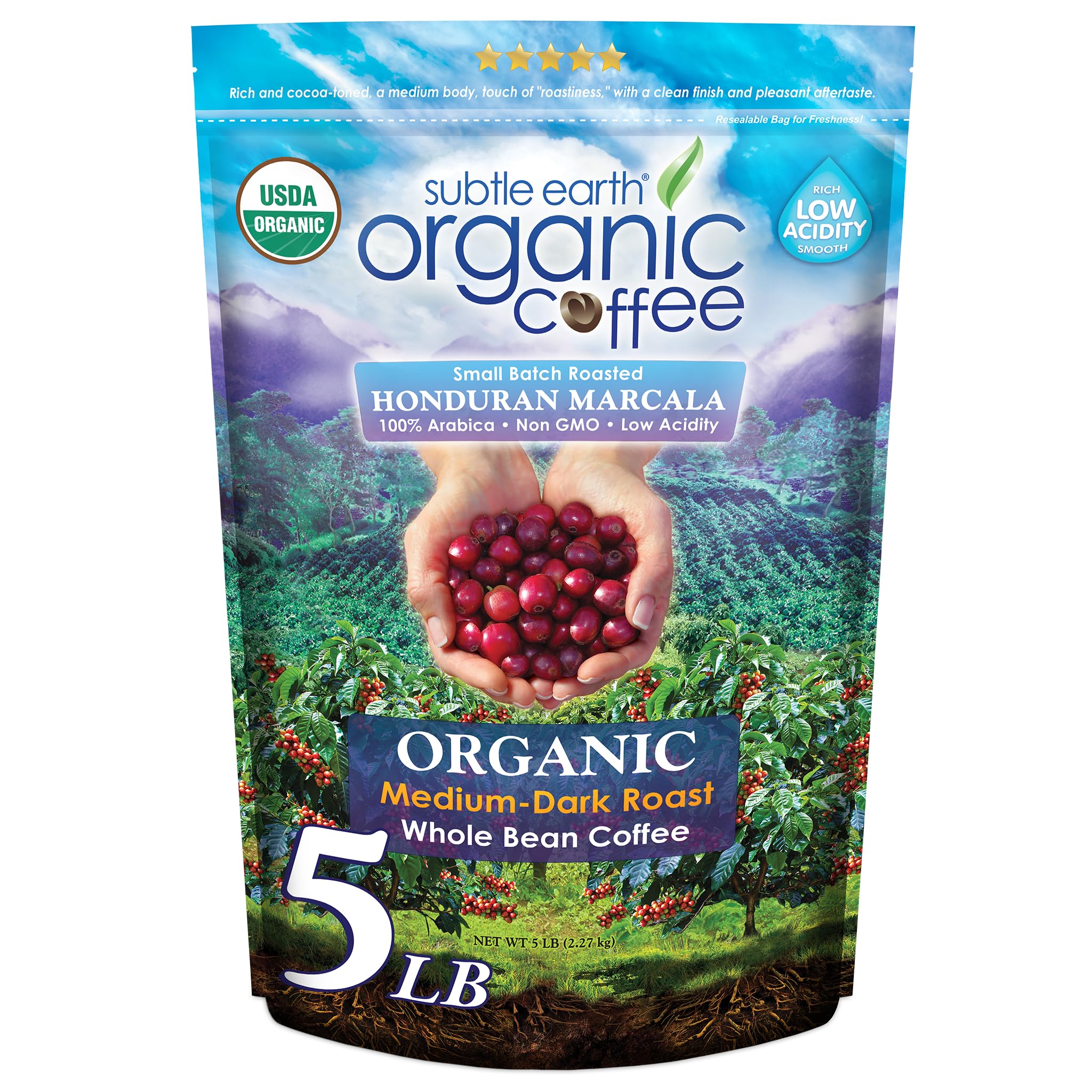 5LB Subtle Earth Organic Coffee - Medium Dark Roast - Whole Bean Coffee - 100% Arabica Beans - Low Acidity and Non-GMO - 5lb bag