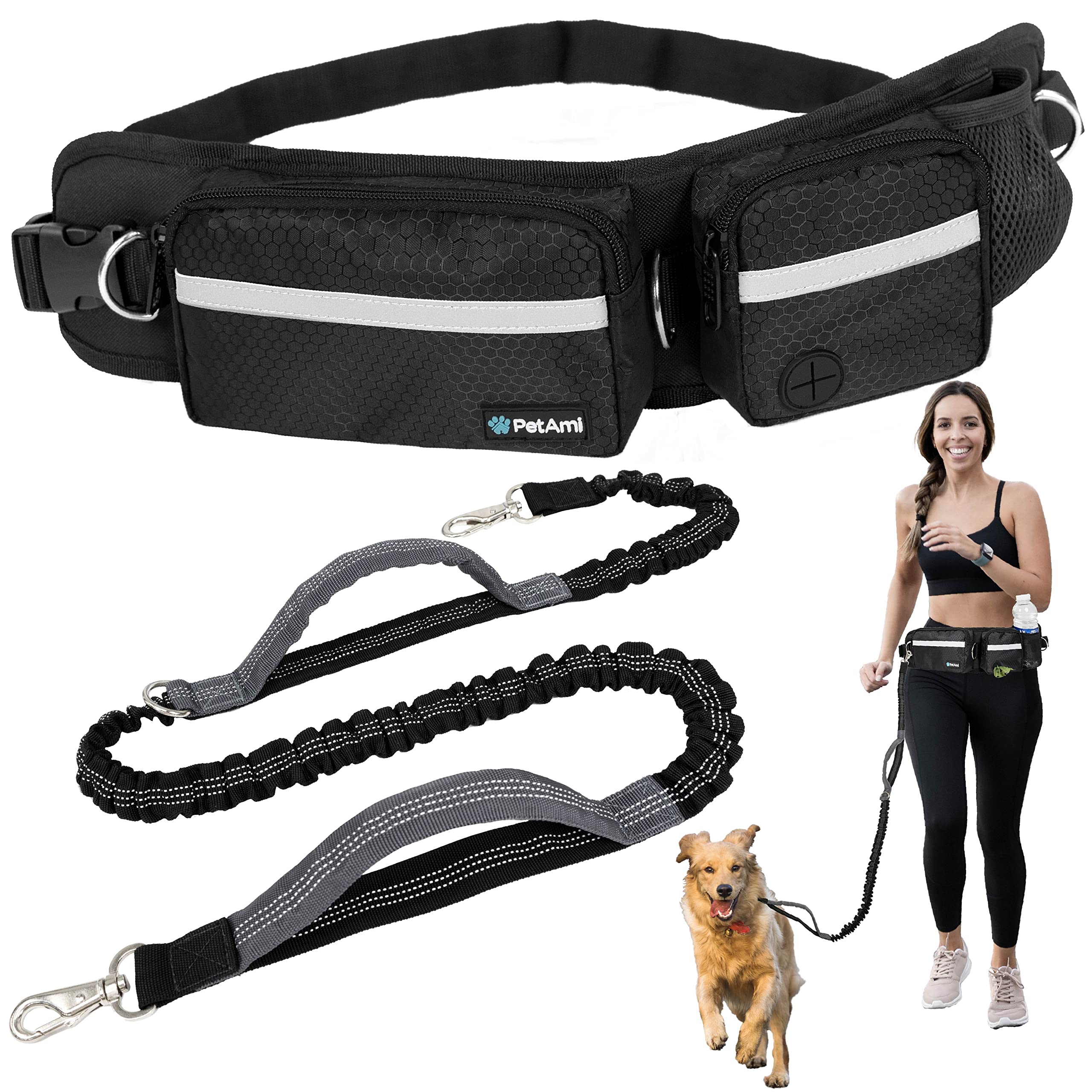 PetAmi Correa de perro manos libres, correa para correr para perro, bolsa de cinturón para caminar, trotar, cintura de perro, bolsa de doble cremallera con dispensador de bolsas para excrementos,