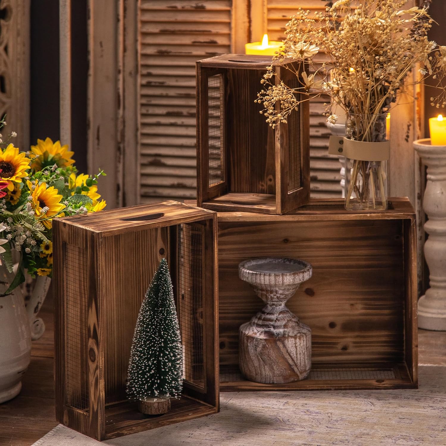 Rustic Wooden Crates for Storage Set of 3, Decorative Storage Containers with Metal Wire, Wood Crates for Farmers Market Display, Farmhouse Wood Storage Boxes for Kitchen Countertop Decor