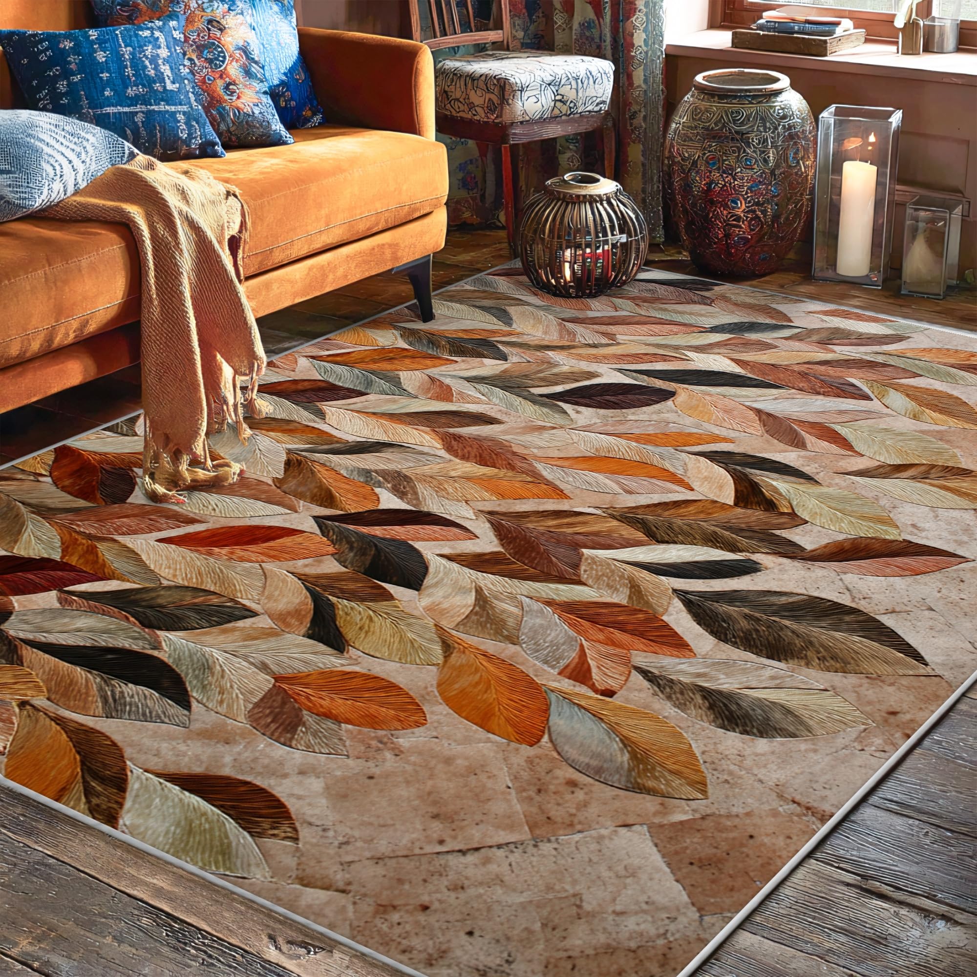 Tapis de salon marron à motif feuilles tapis de chambre rectangulaire intérieur