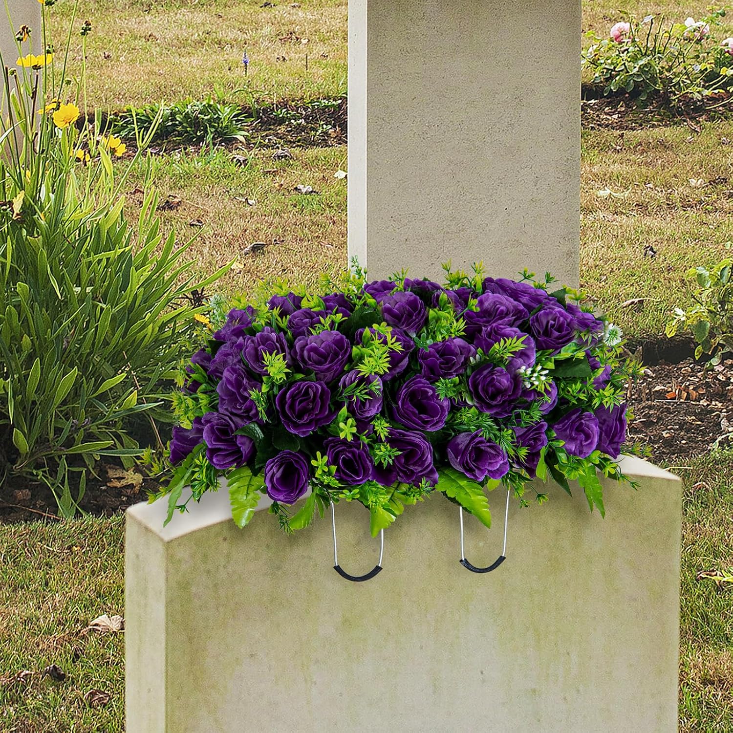 Artificial Cemetery Flowers Saddle for Headstone, Memorial Grave Flowers for Cemetery Outdoor Gravesite Tombstone Headstone Decorations (Purple) - Image 5