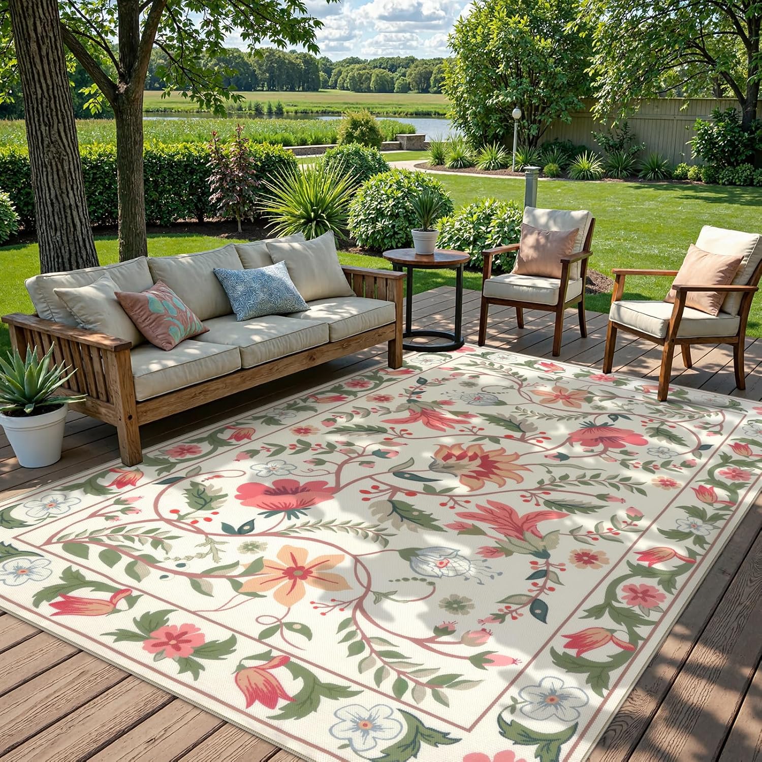 Uphome Indoor Outdoor Area Rug 6x9 ft, Large Floral Patio Rugs for RV Camping Outside, Washable Living Room Mat Non Slip, Breathable Floor Carpet for Bedroom Deck Porch Backyard, Beige