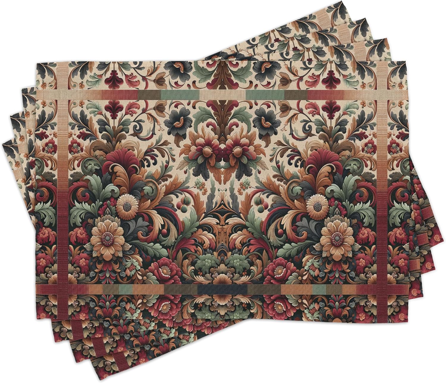 Ambesonne Floral Table Runner & Placemats, Dreamy Flower Scene with Medieval Curlicue Leaves Victorian Vibes, Set for Dining Table Decor, Placemat 4 pcs + Runner 16"x72", Ruby Laurel Green and Camel