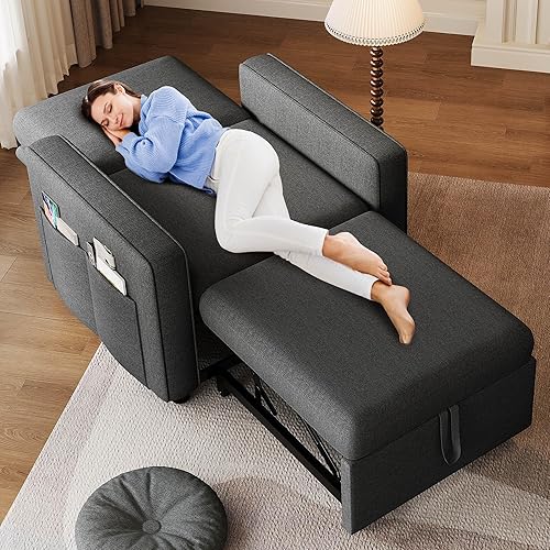 DWVO Convertible Sleeper Chair, 3-in-1 Sofa Bed with Reclining Backrest, 75" Single Sleeper Couch with Pull-Out Bed and Wide Armrest, Linen Futon Sofa for Dorm Apartment, Grey