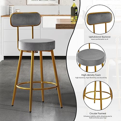 Miniatura 3 de Yaheetech Taburetes de bar de terciopelo de 26 pulgadas, altura de mostrador para encimera de cocina con respaldo y reposapiés, taburetes de bar