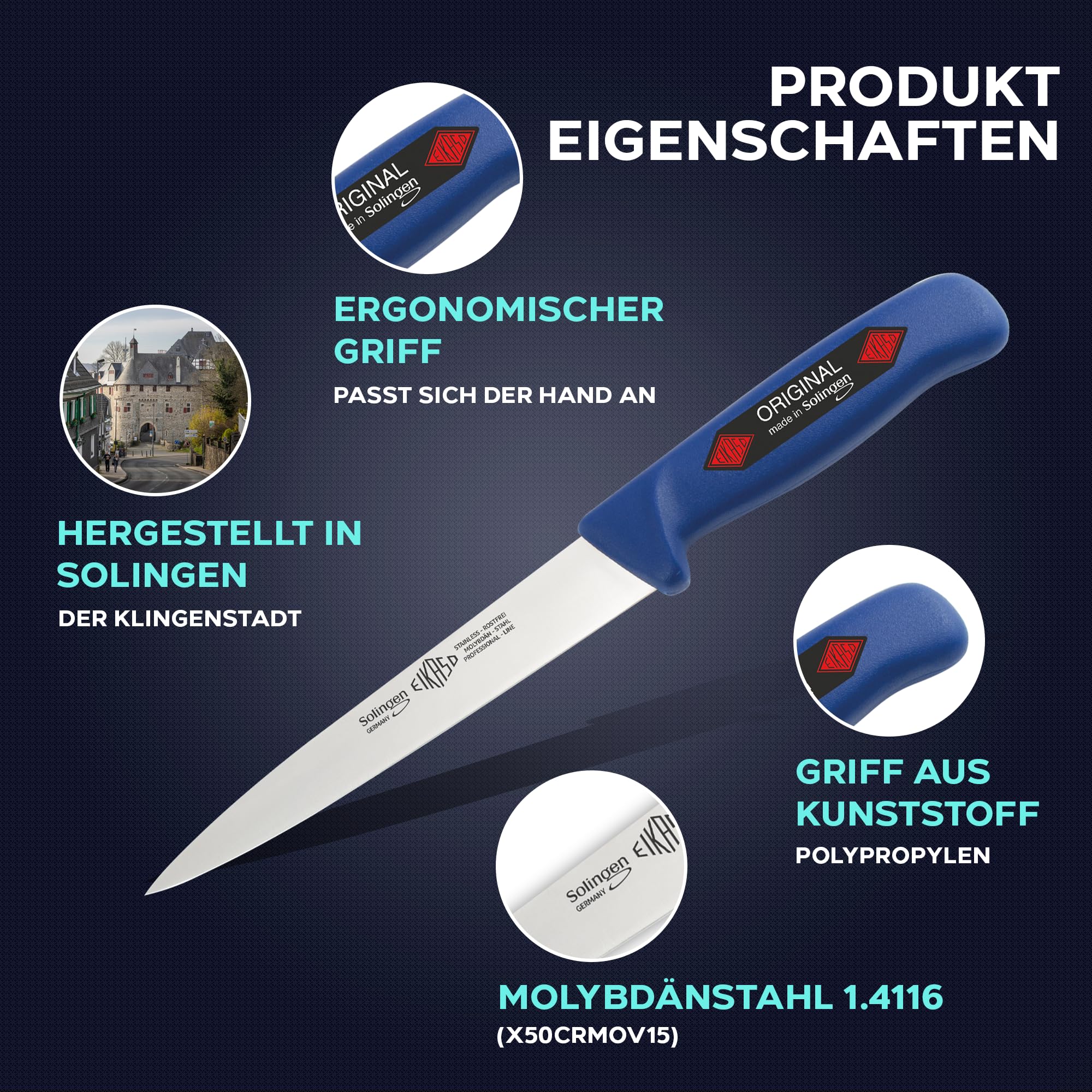 EIKASO | SOLINGEN Fischmesser Set 3 teilig perfekt geeignet für Anfänger, Profis und Fischliebhaber, Fischmesser mittelspitz, Filiermesser