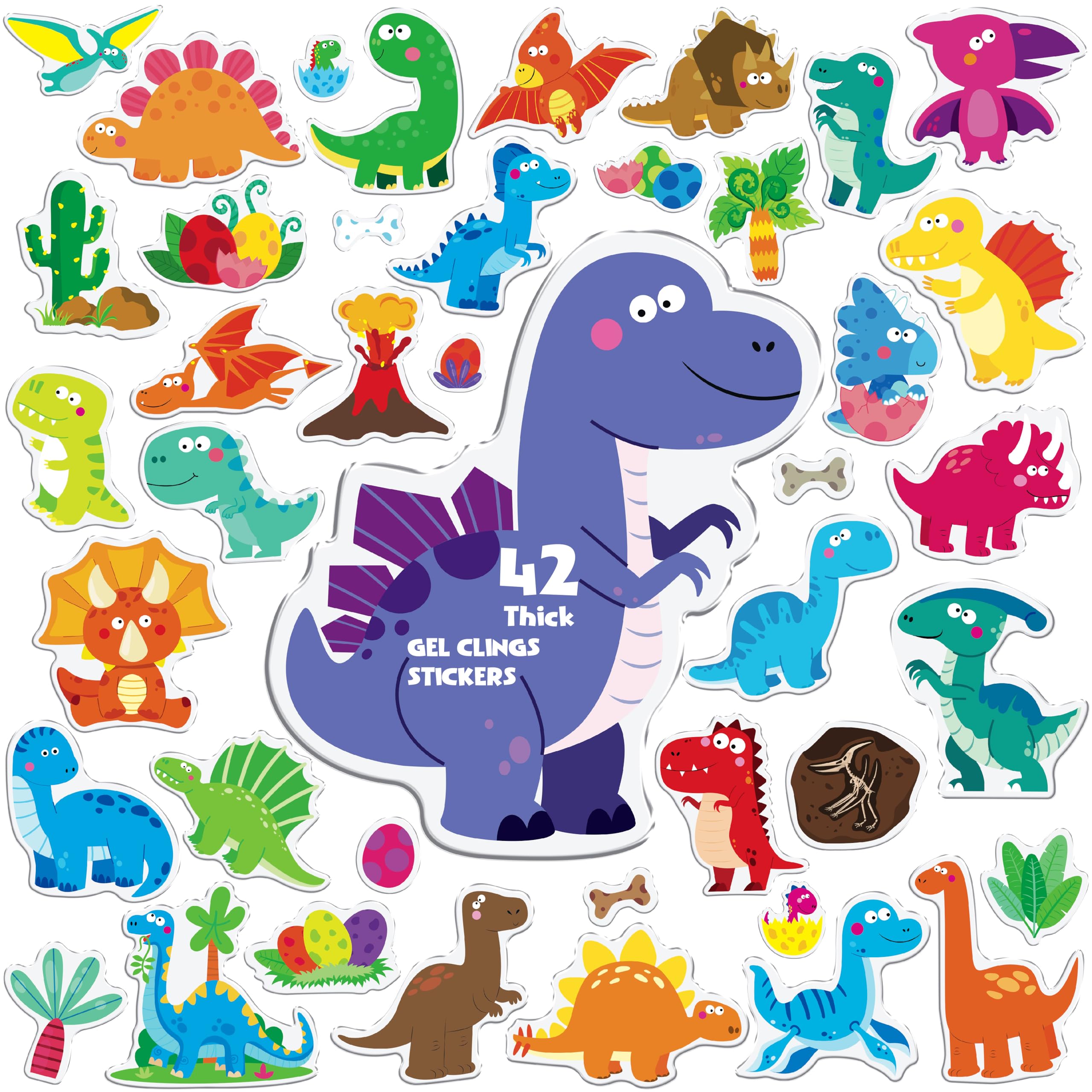 42PCS Dinosaur Jelly Stickers, Thick Window Door Clings Removable Reusable Gel Clings Decals for Kids Toddlers Adults Home Classroom Nursery Animal