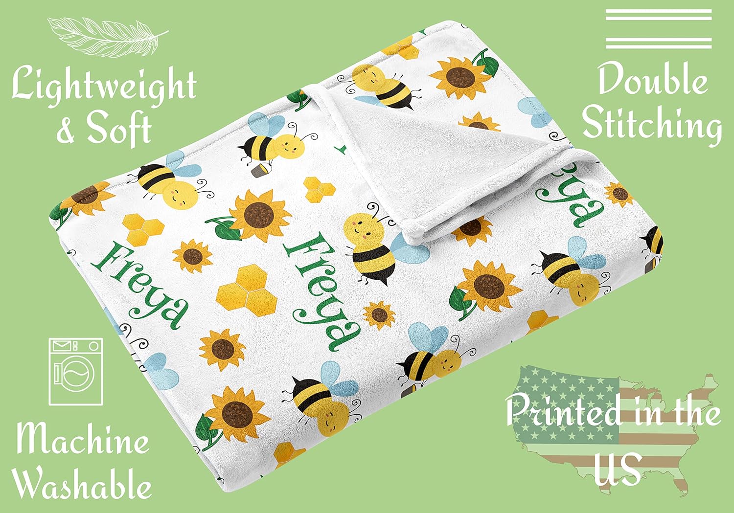 Personalized Baby Blankets for Girls & Boys with Name and Bees - Custom Blankets for Baby Shower, Birthday, Christmas, New Mom - Personalized Baby Gifts for Newborn, Infant, Toddler, Kid