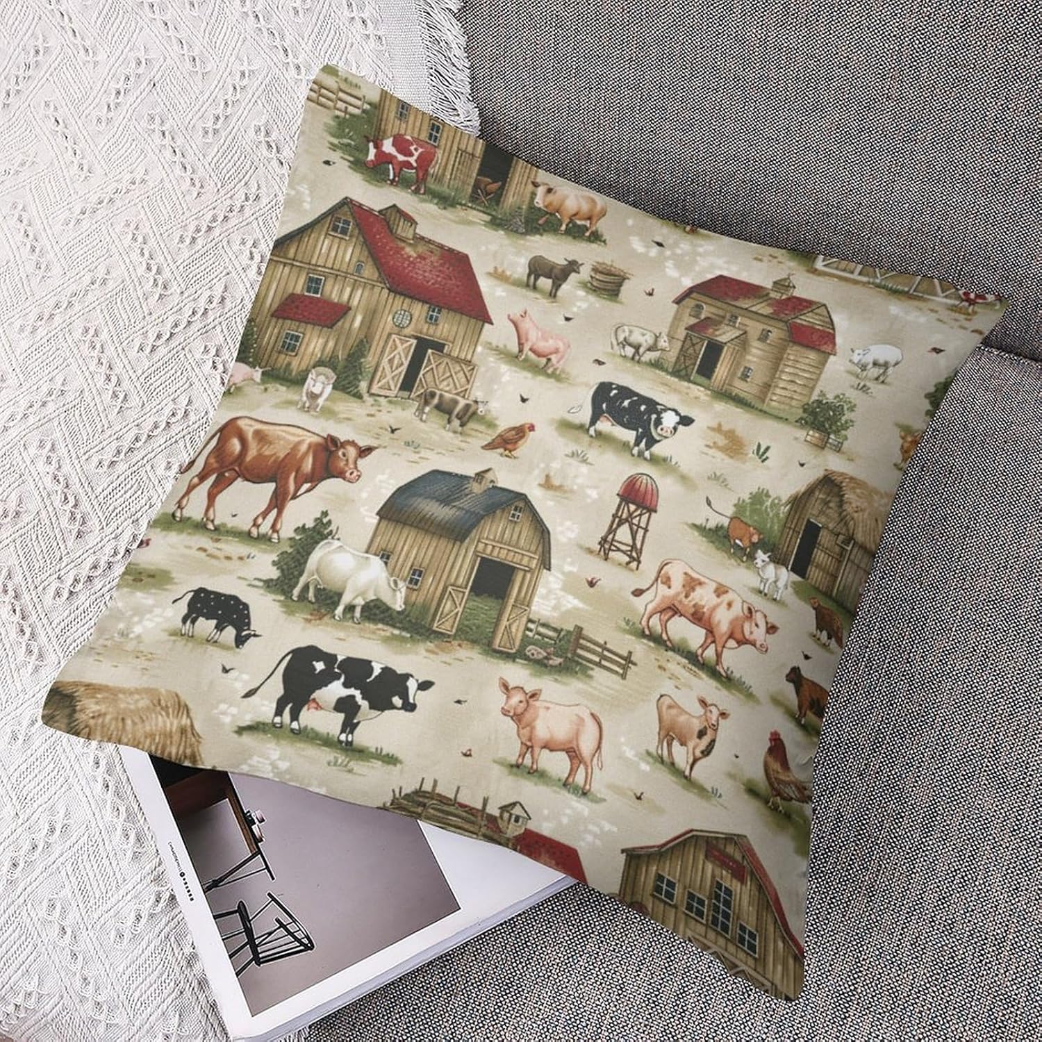 2 Packs Retro Rustic Cottage Throw Pillow Covers for Living Room, Farmhouse Pig Cow Rooster Pillow Covers Cushion Case for Couch Sofa Bed, 20x20 inch