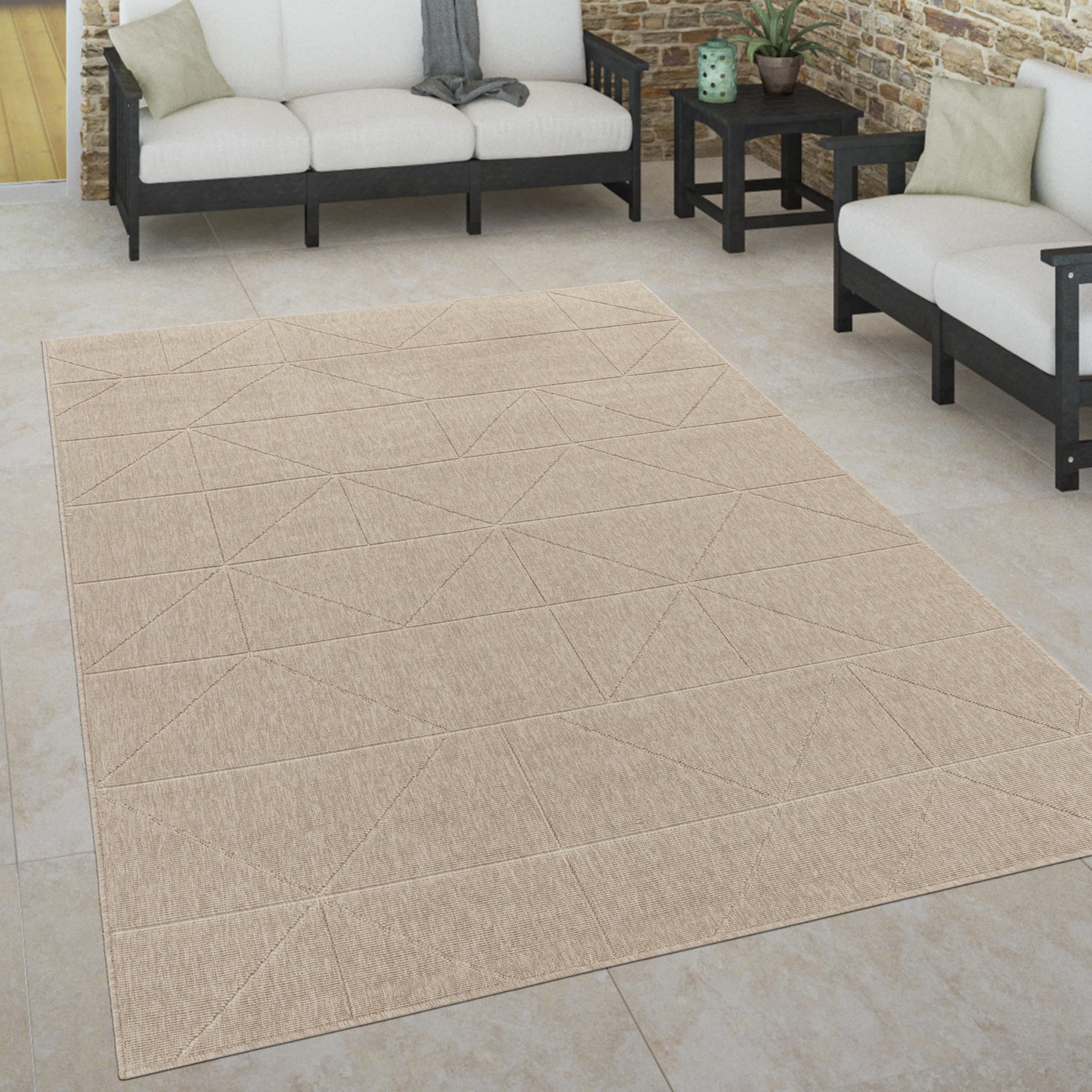 Paco Home Outdoor Teppich wetterfest Skandinavisch für Terrasse, Balkon & Garten pflegeleicht & robust Modernes Design Indoor & Outdoor geeignet, Grösse:80x150 cm, Farbe:Beige 4