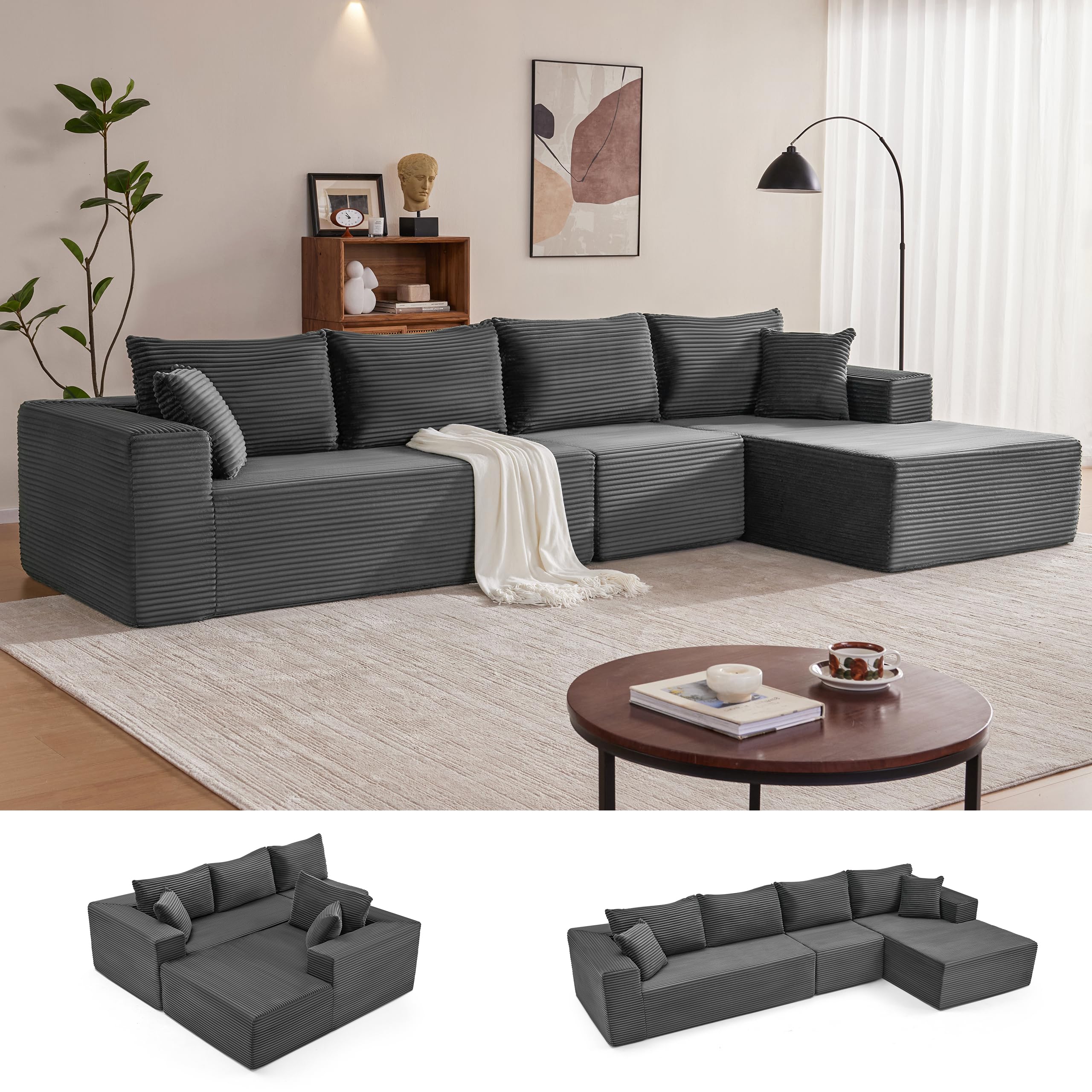 Mangodan 140” Cloud Sectional Couch, Boneless Sofa for Living Room, Modular Sectional Sofa with Deep Seat, Comfy Fluffy L-Shaped Couch with Right-Facing Chaise, No Assembly Required, Grey