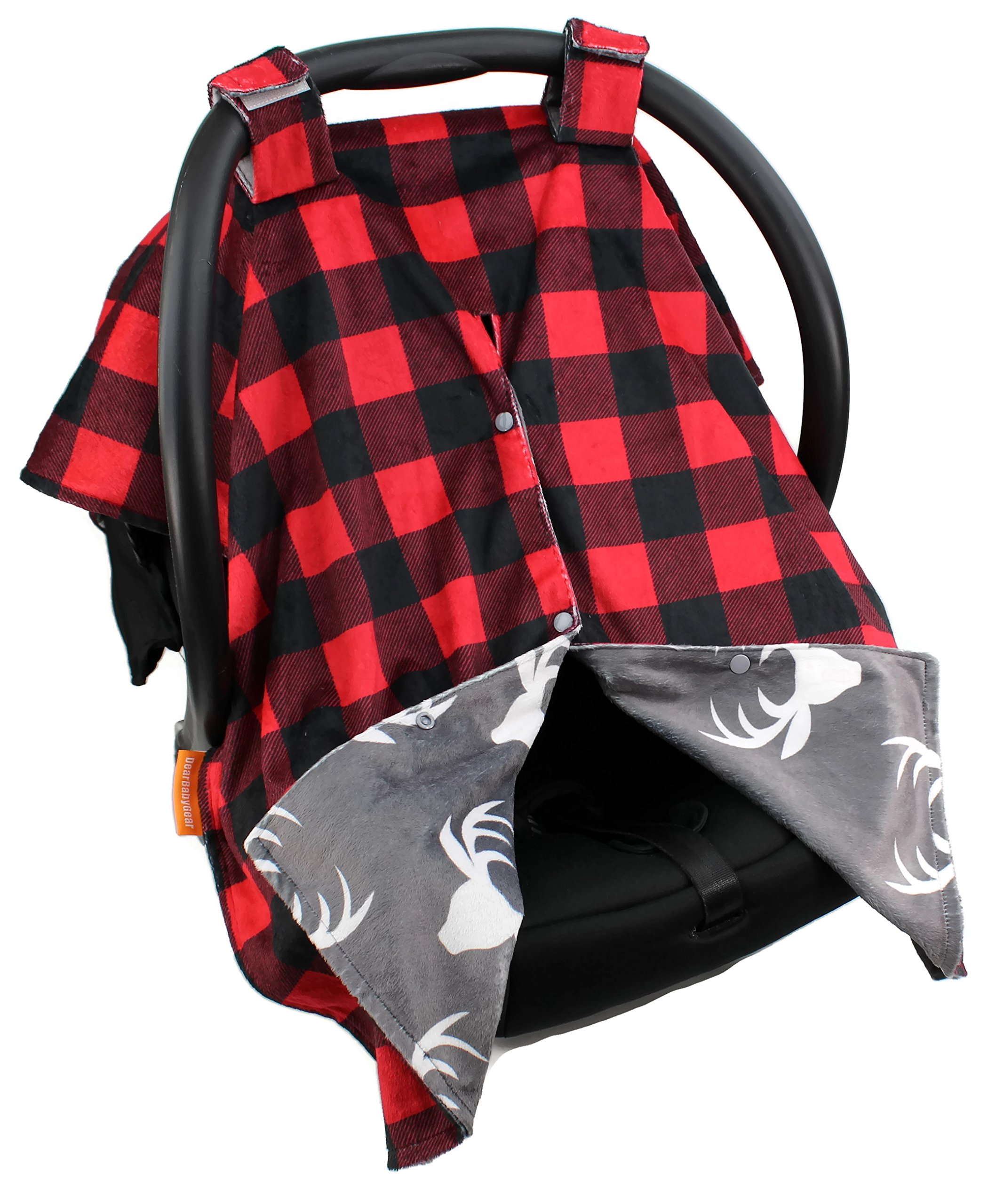 Dear Baby Gear Luksusowy dwustronny baldachim na siedzenie samochodowe, niestandardowy nadruk Minky w kratę białe poroże, czerwony i czarny bizon krata Minky