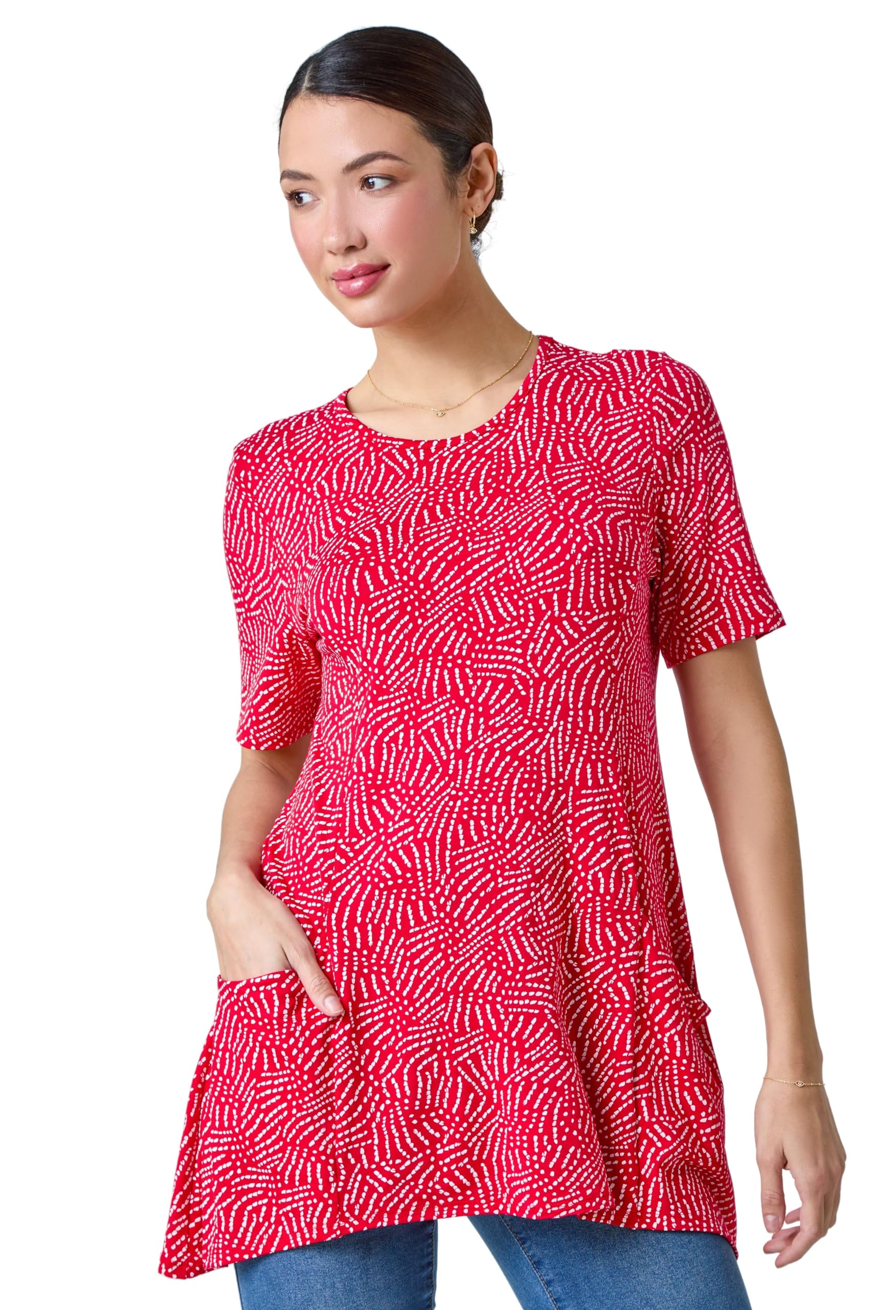 Roman Originals Swing Top with Pockets For Women UK Ladies Hanky Hem Asymmetric Tunic Blouse Longline Long Stretch Jersey Casual Round NeckTee Shirt T-Shirt