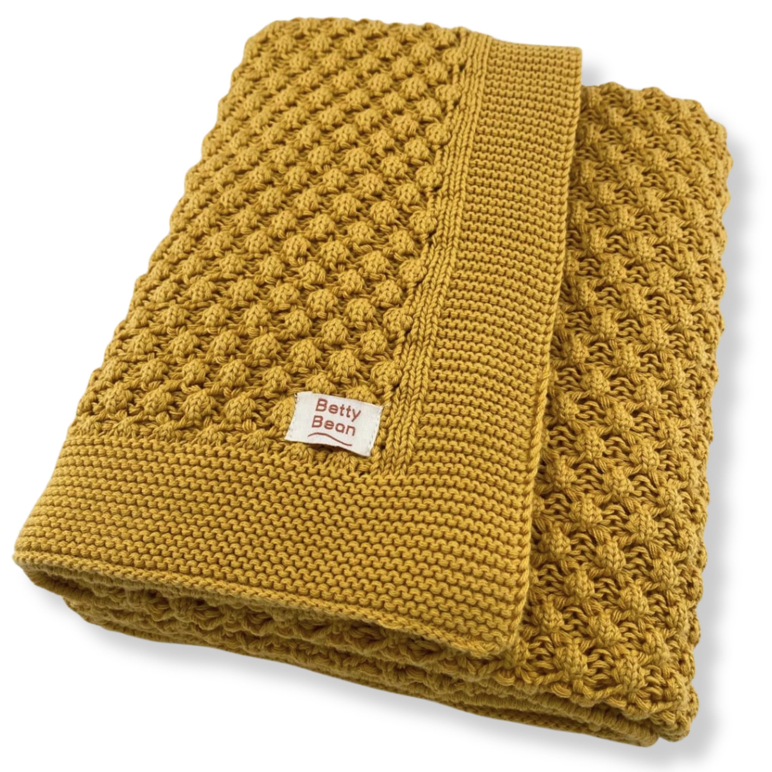 Betty Bean Babydecke Strickdecke Bio-Baumwolle 100 x 80 cm – dick gestrickt, GOTS & Oeko-TEX® Standard 100, pflegeleicht 40°C, Kinderwagen & Reise – Ocker
