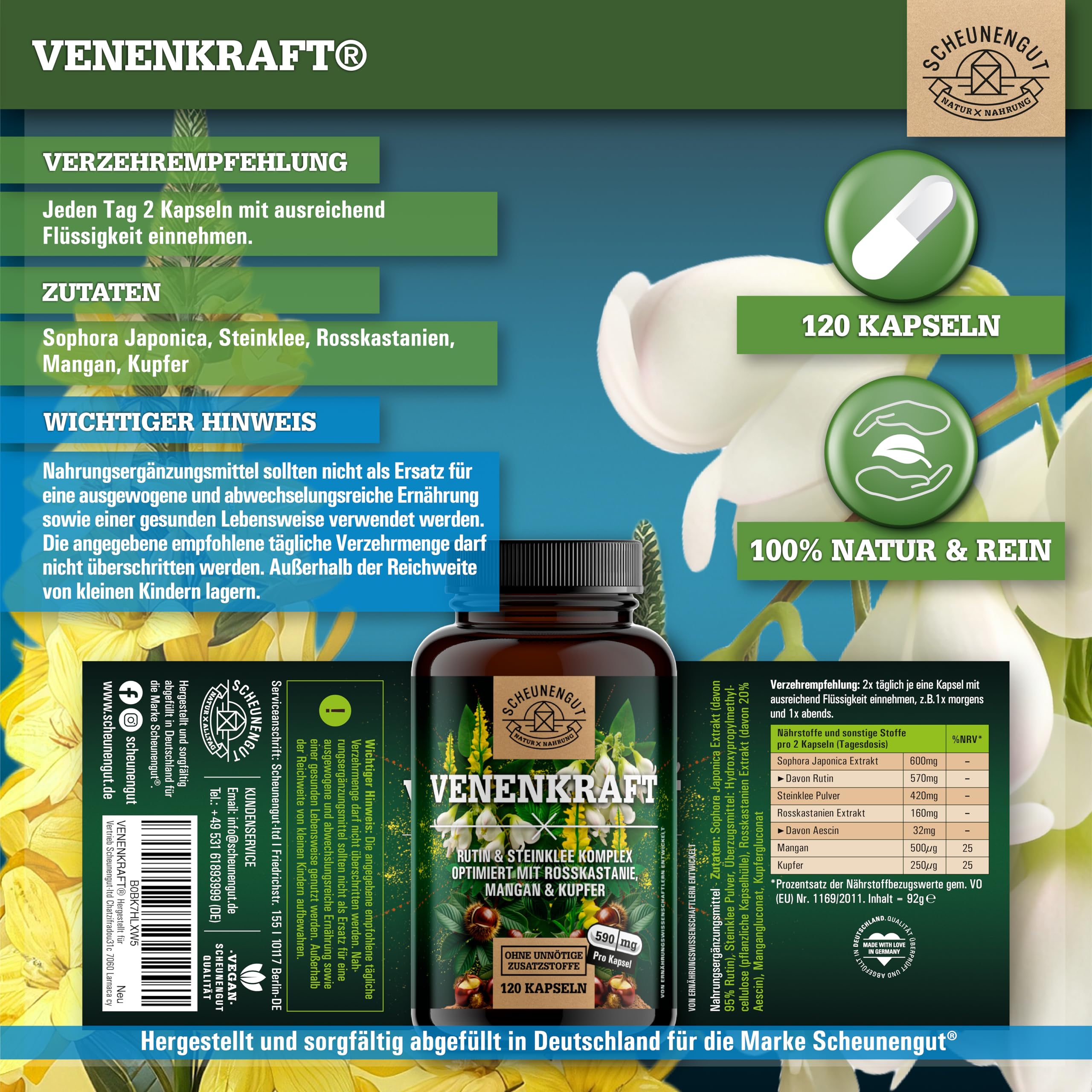 VENENKRAFT® Rutin Steinklee Kapseln Hochdosiert - WICHTIG: Laborgeprüfter Venen-Komplex mit Rutin, Steinklee, Rosskastanienextrakt, Mangan,Kupfer uvm. 120 Stk DE SCHEUNENGUT®