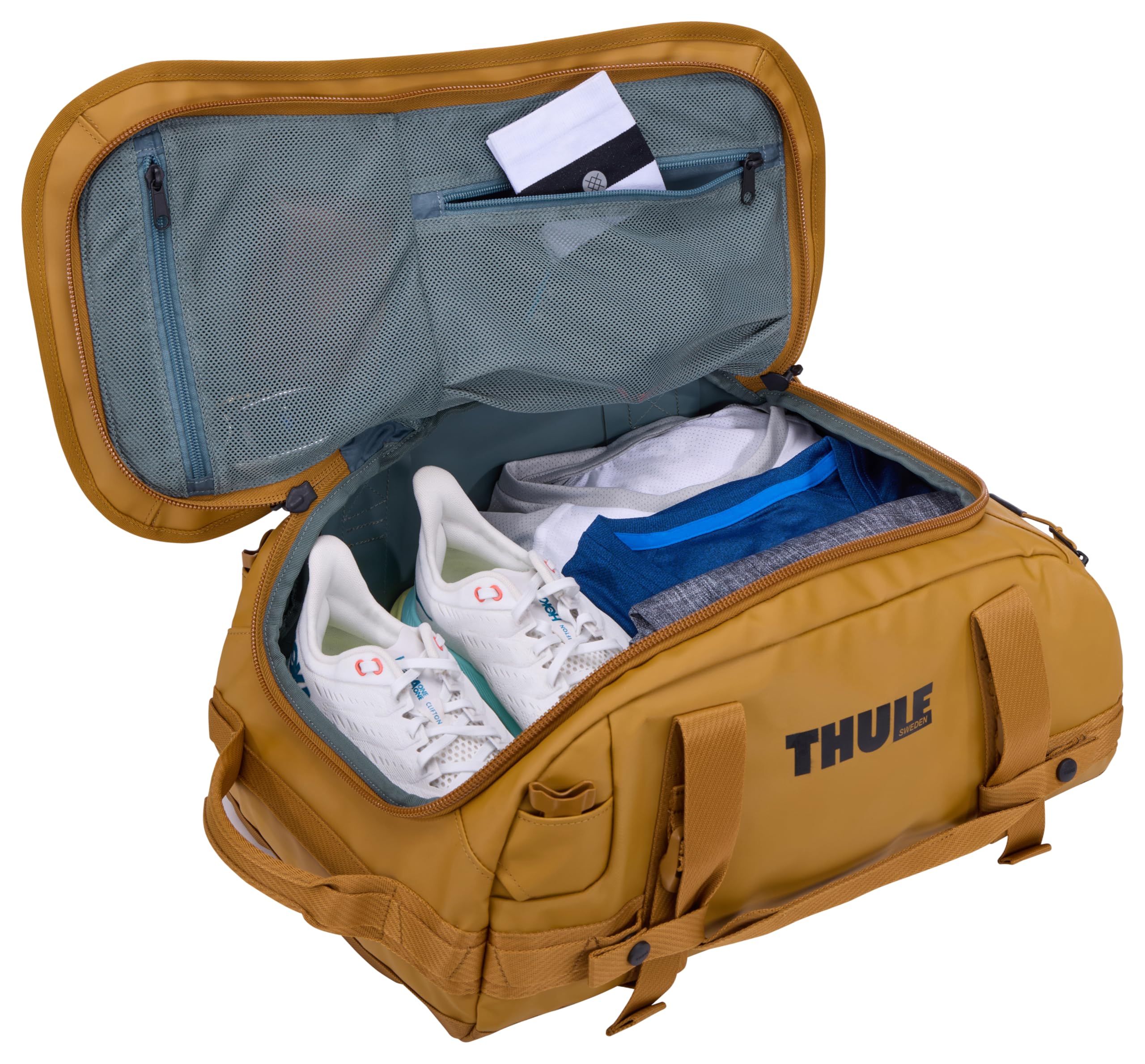 Thule Chasm Torba podróżna duffel 30 l, szeroki otwór ułatwiający pakowanie, plecak, wewnętrzne kieszenie z siatki, wzmocnione dno, z blokadą, materiały, taśmy i siatki z materiału w 100% z recyklingu