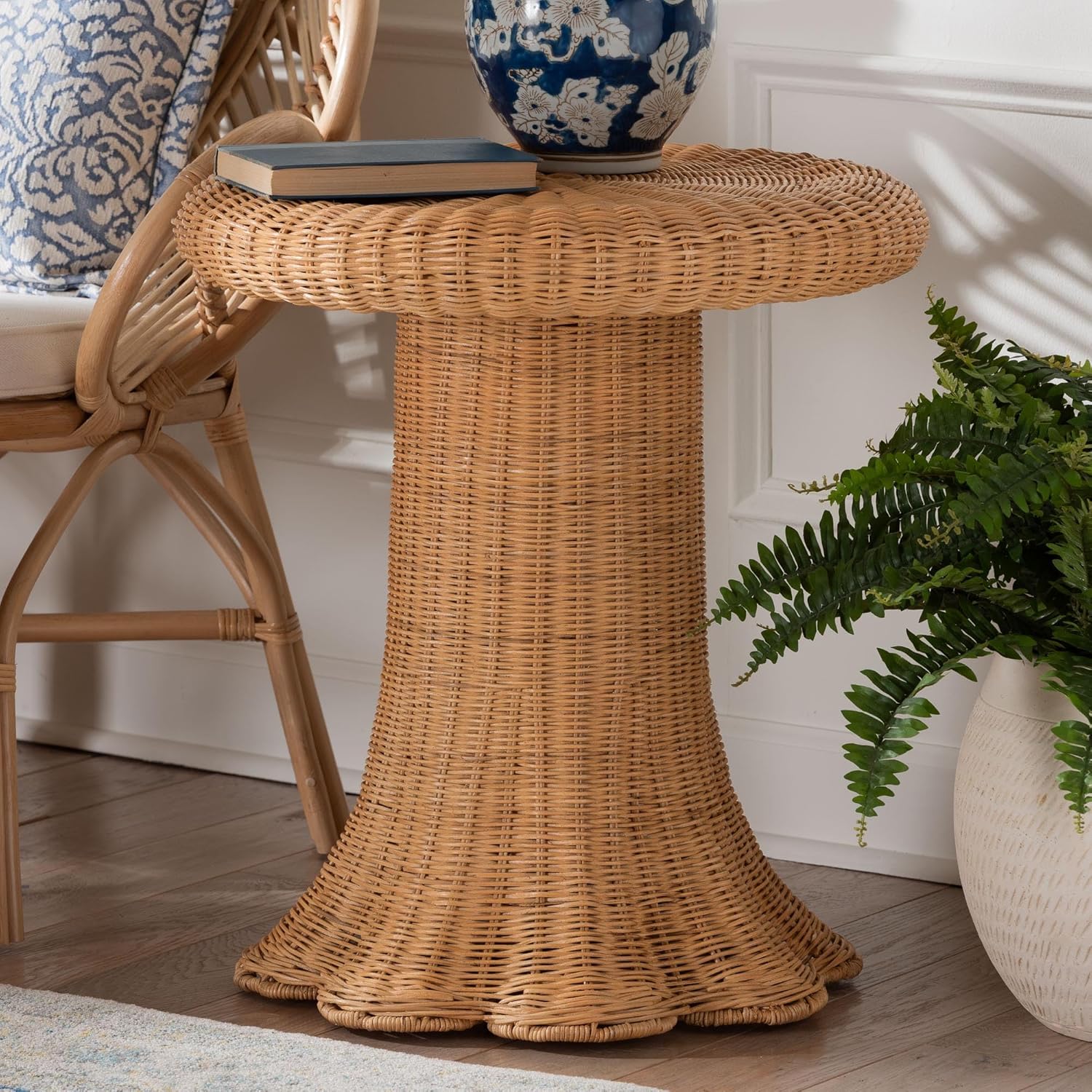 Bali & pari Avalon Scallop Natural Rattan Pedestal Side Table – Round Handwoven Wicker Accent Table with Skirted Base, Boho Coastal Style Furniture, 22-inch Wide, Round