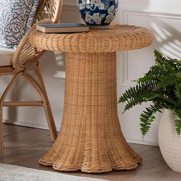 Bali & pari Avalon Scallop Natural Rattan Pedestal Side Table Round Handwoven Wicker Accent Table with Skirted Base, Boho Coastal Style Furniture, 22-inch Wide, Round