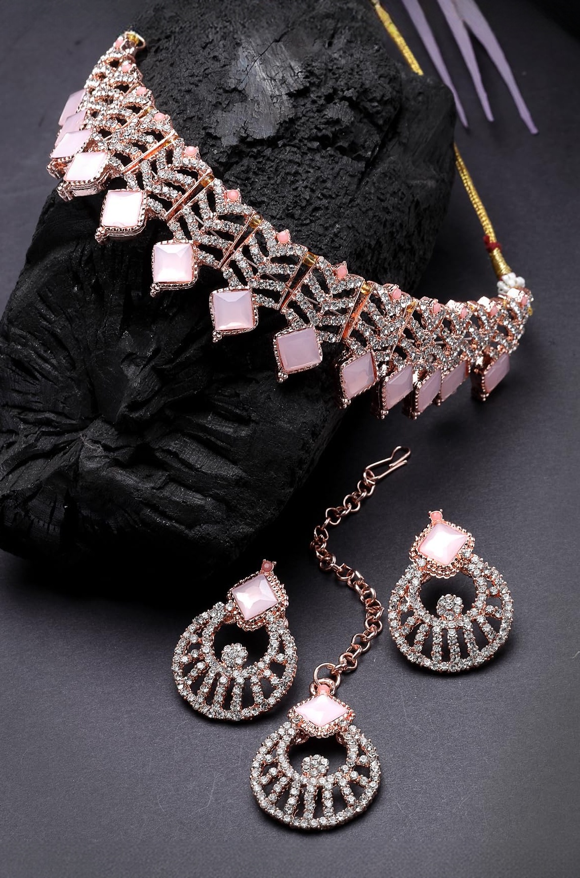 Sukkhi Seaside Rose Gold Plated Pink AD Stones & Beads Choker Necklace Set With Earring And Maangtika | Jewellery Set For Women (NS105560)