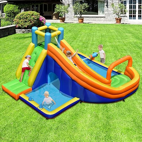 Miniatura 2 de OLAKIDS Tobogán acuático inflable, casa de rebote 8 en 1 con tobogán, pared de escalada, piscina de salpicaduras, borde de baloncesto, pistola de