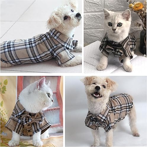 Miniatura 6 de Camisa casual suave a cuadros para perro, camisa de algodón con pajarita para boda, disfraces de Navidad (L, caqui oscuro)