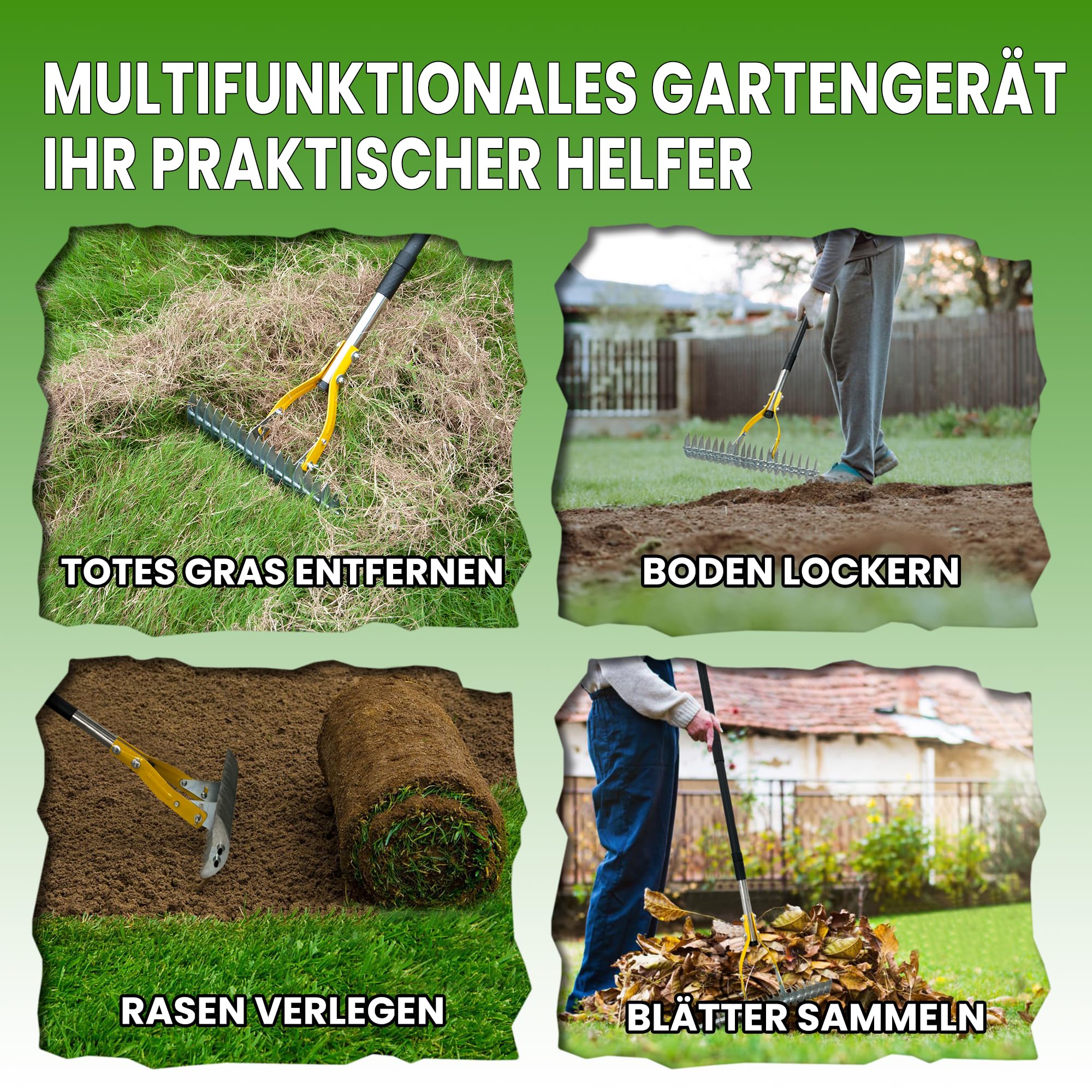 Gartenrechen Vertikutier-Rechen für den Rasen, 38 cm Verstellbarer Rechenkopf, Dethatcher zum Entfernen von Rasenfilz, Moos & abgestorbenem Gras mit 1,9M Griff, Stahl-Rechen für Hof
