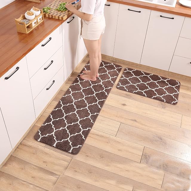 TiRiSMART Kitchen Rugs Non Slip Washable Sets 2 Piece Kitchen Mat Absorbent Soft Microfiber Cushioned Antifouling and Oil Drainage (43cm*61cm+43cm*122cm),Coffee