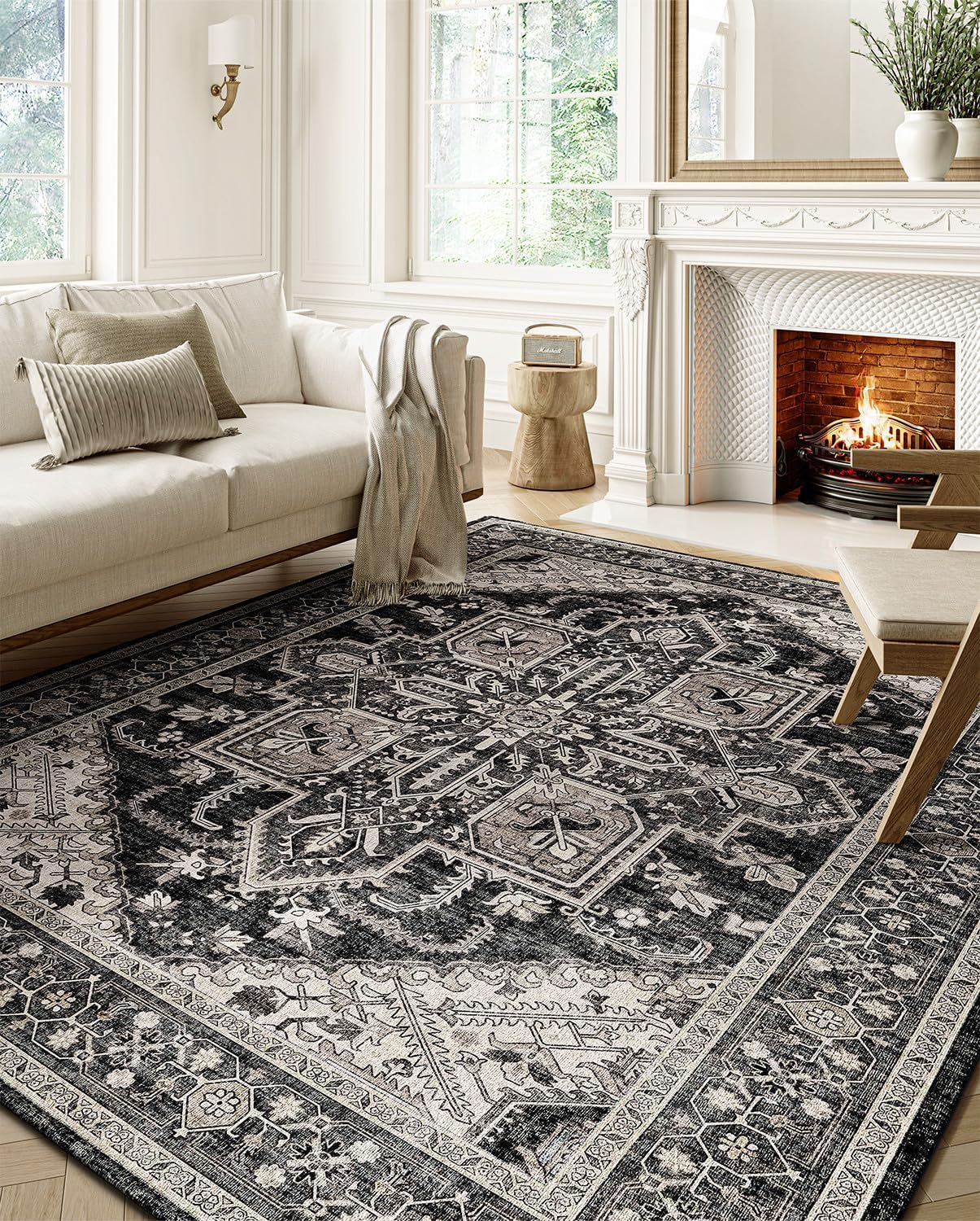 Area Rugs 8x10 Machine Washable, Boho Rug for Living Room Bedroom, Ultra-Soft Non-Slip Stain Resistant Vintage Rugs for for Kitchen Dining Room Office Home Decor, Bitter Black 8x10ft 02-bitter Black