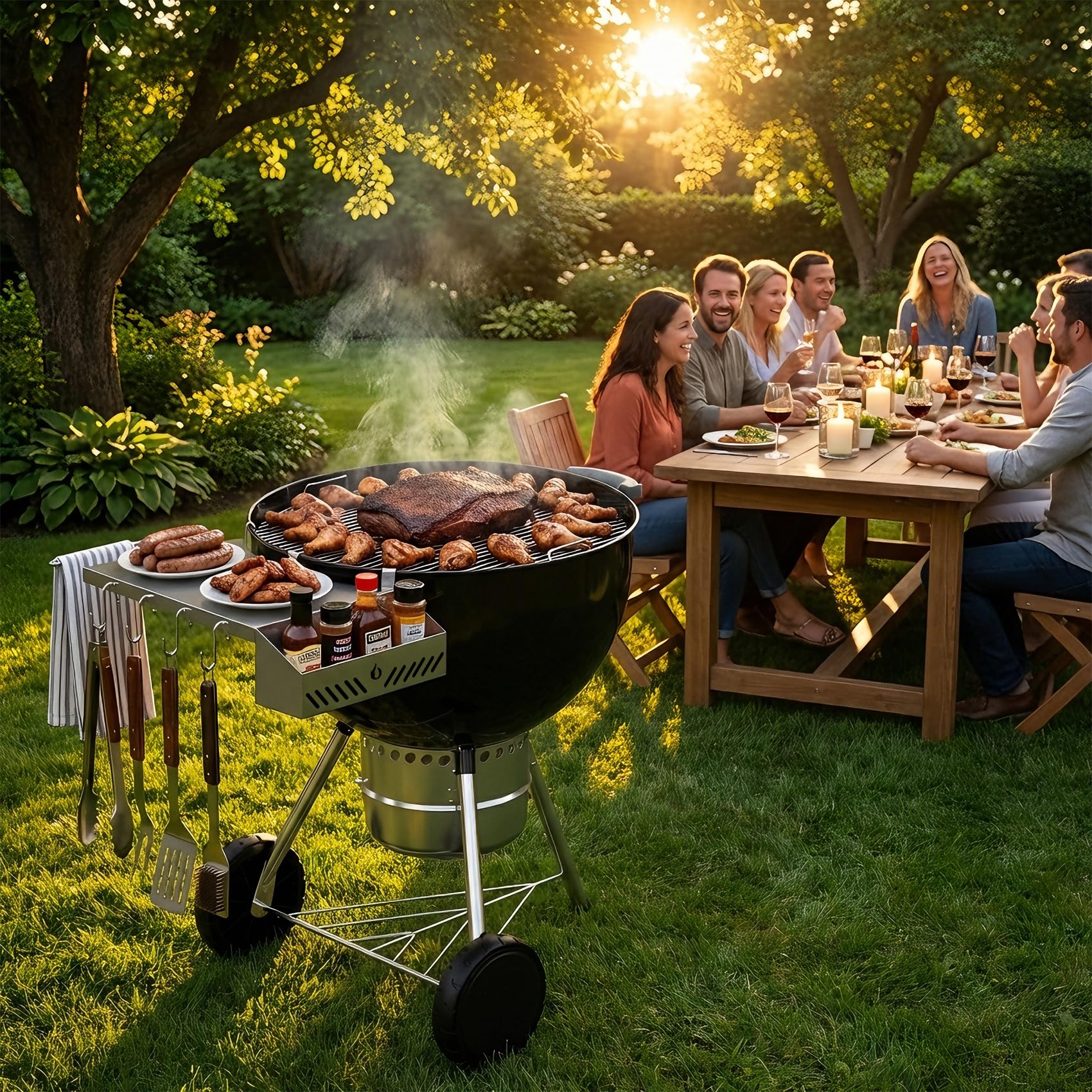 onlyfire Tablette de Table pour Barbecues, Table D'appoint en Acier Inoxydable pour Weber 57CM Grils de Charbon de Bois & Master-Touch Barbecue à Charbon, avec Support Porte Sopalin et 4 Crochets