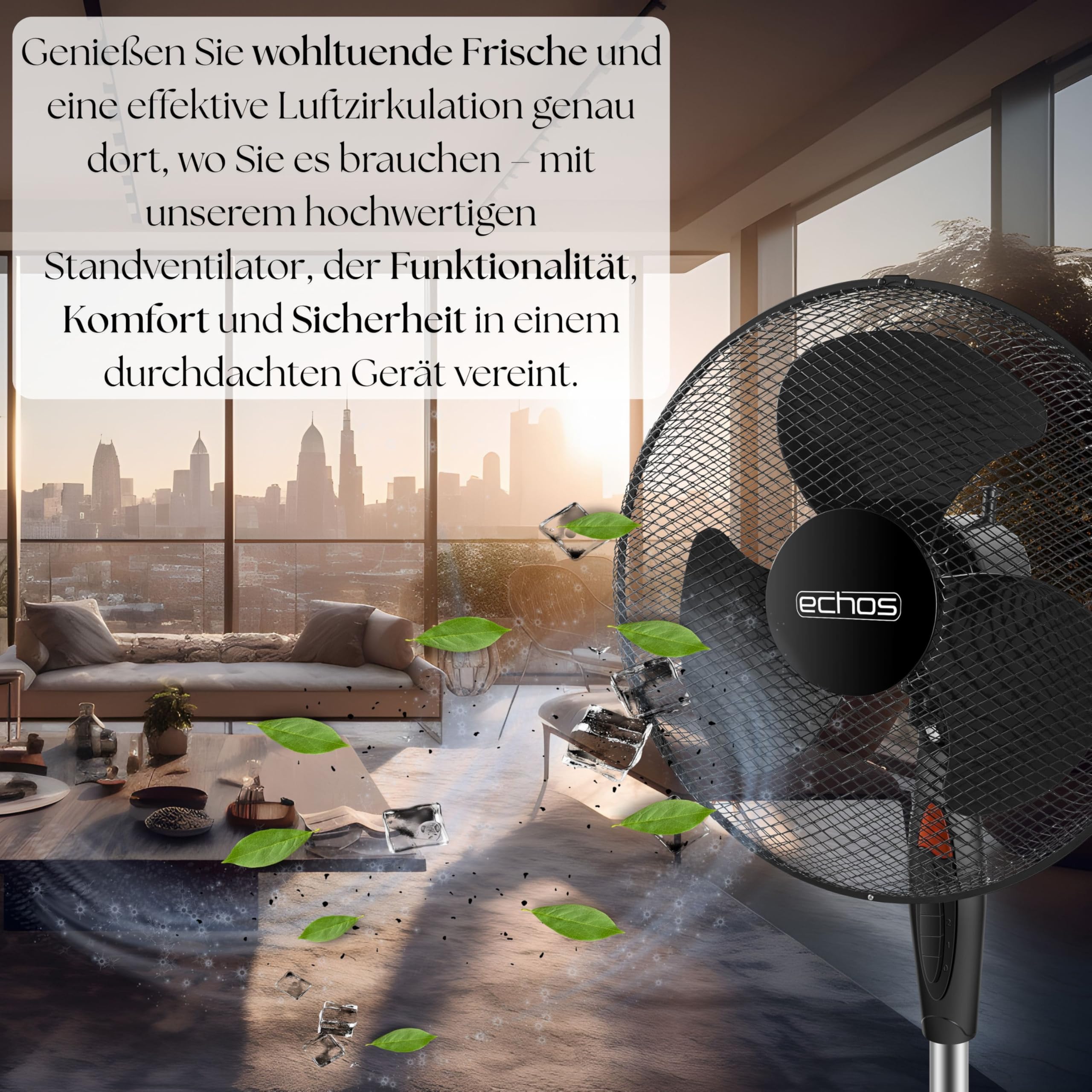 Echos® Standventilator Ø43cm kraftvoller Ventilator sehr leise energiesparend hoher Luftdurchsatz 3 Stufen Oszillationsfunktion 90° höhenverstellbar Bodenventilator mobiler Luftkühler Standlüfter