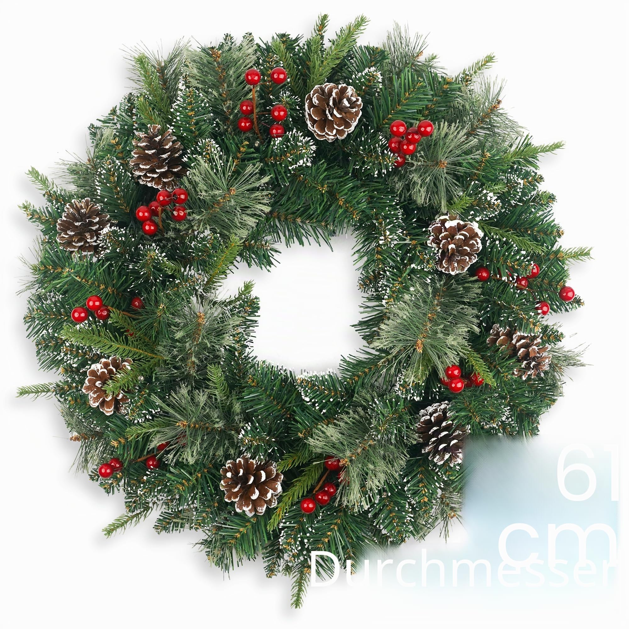 Weihnachtskranz Snowy Vorbeleuchtet 61.0 cm mit 50 Licht & Tannenzapfen, Künstliche Weihnachtskränze für Haustür mit Lichtern, Kranz für Weihnachtsdekoration Tür Fenster Wand Grün
