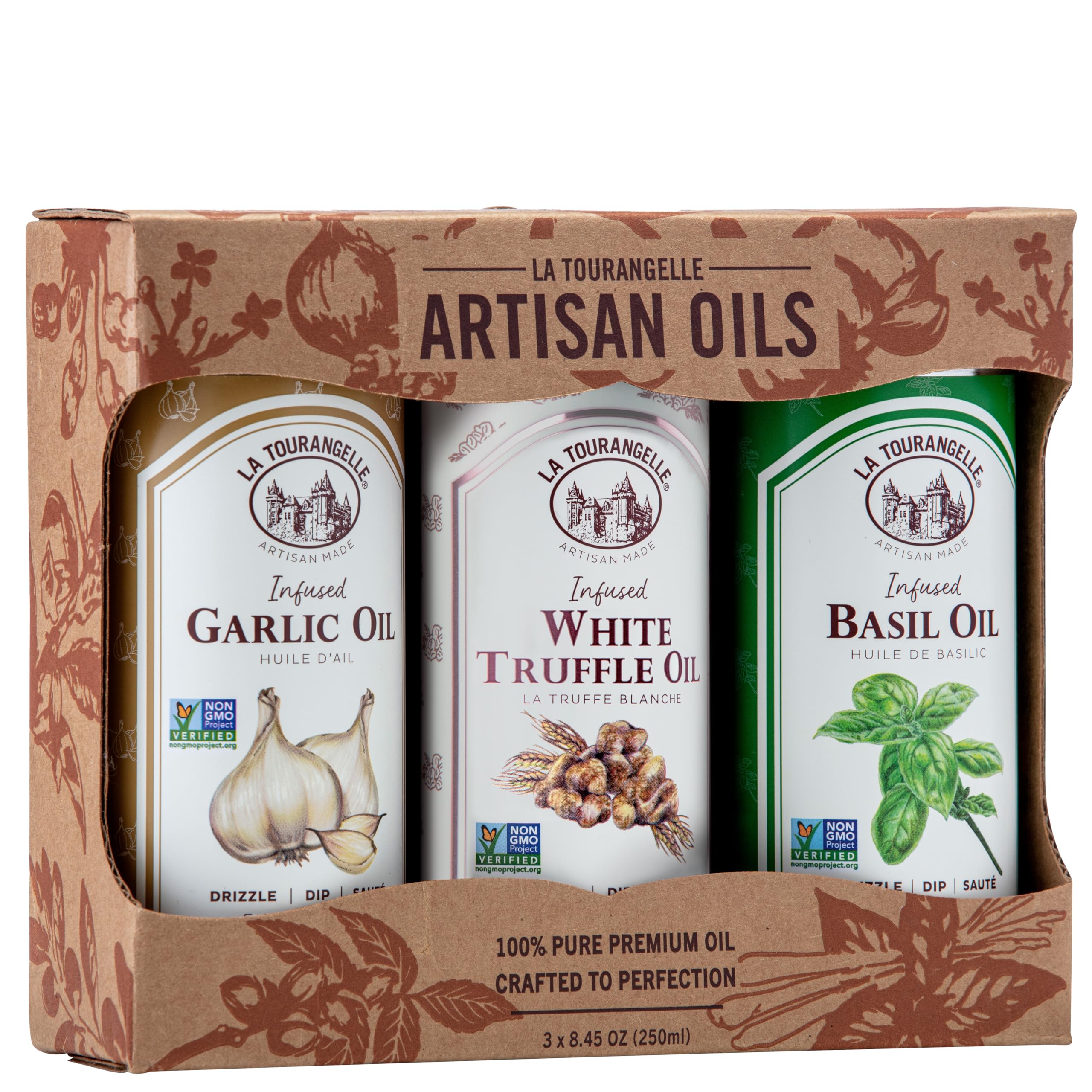 La Tourangelle, Infused Trio of Oils - Basil Oil, Garlic Oil, White Truffle Oil,Complex Gourmet Earthy Flavor for Drizzling over Pasta, Popcorn, Vegetables, Potatoes, Soup and More, 8.45 Fl Oz (Set of 3)