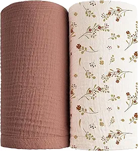 Konssy Muslin Swaddle Blankets for Boys Girls, 2 Pack Receiving Baby Blanket Large 47 x 47 inches, Soft Breathable Swaddling Wrap for Unisex Newborn (Chestnut, Posy)