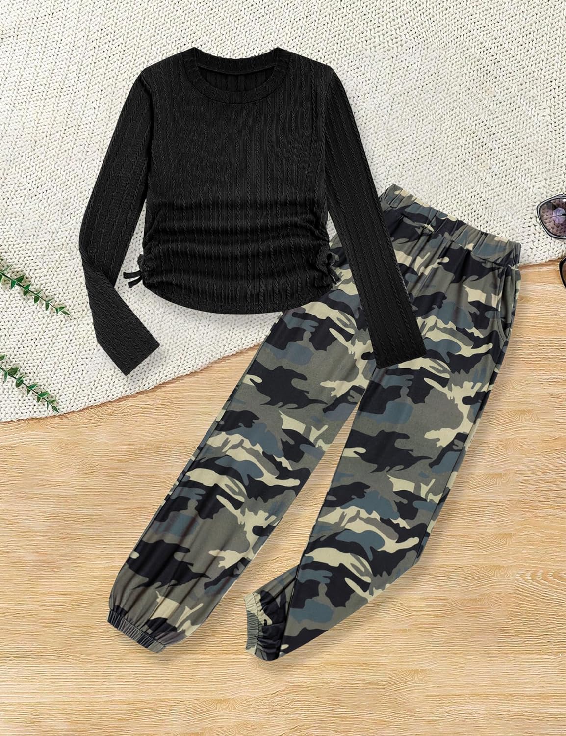 Girls' Clothing Sets Ribbed Knit Crewneck T-Shirt & Camo Print Elastic Waist Pants Girls Clothes Size 6-16Y - Image 6