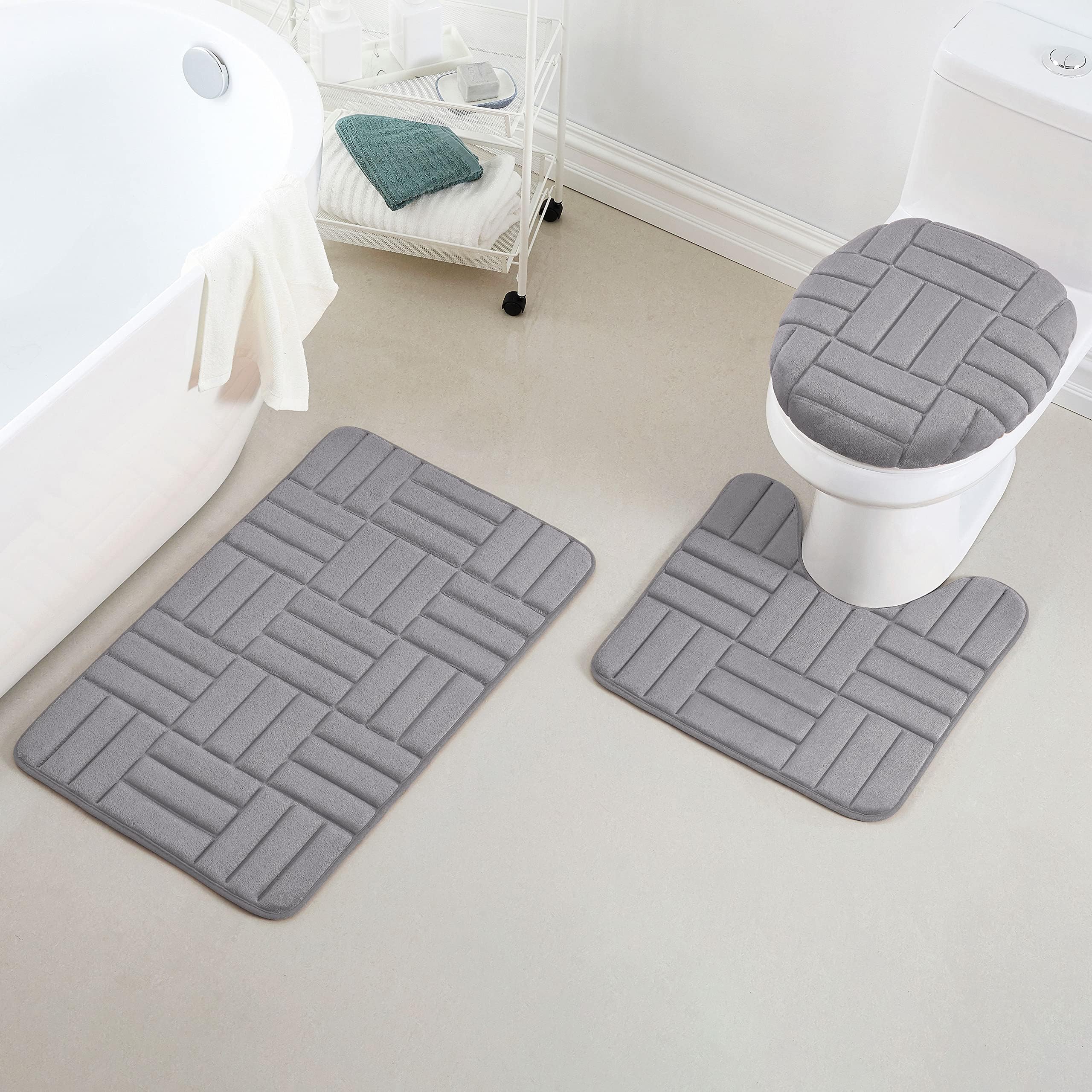 Yafa Home Fashion 3 Piece Rectangular Design Embossed Solid Color Memory Foam Soft Bathroom Rug Set Non-Slip PVC Backing