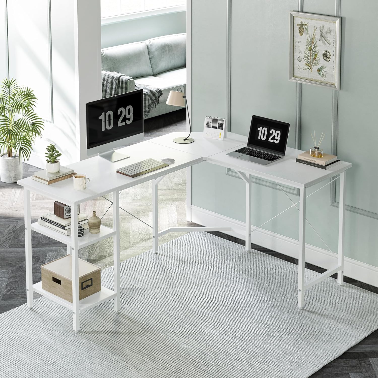 CubiCubi L Shaped Desk in a home office setting with a rug and window