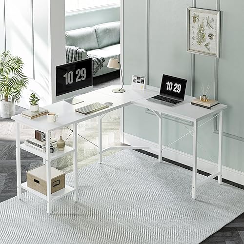 Miniatura 20 de CubiCubi Escritorio en forma de L de 59 pulgadas con puertos de carga USB y luces LED, escritorio de esquina para computadora con cajón y estante de