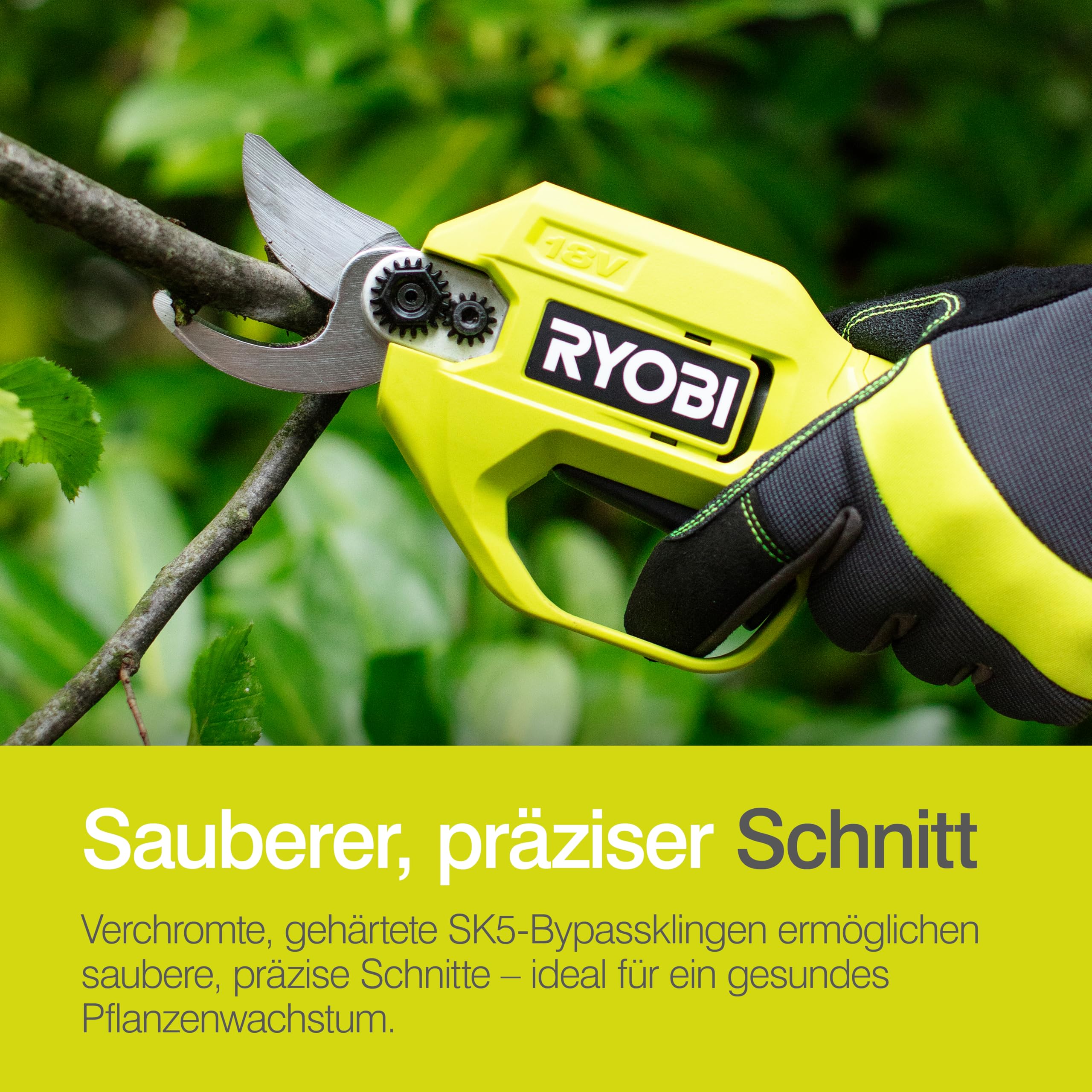 RYOBI 18 V ONE+ Akku-Gartenschere RY18SCA-0 (25 mm Schnittkapazität, 2,5 Sekunden für einen Schnittvorgang, SK5-Stahlklingen, ohne Akku und Ladegerät)
